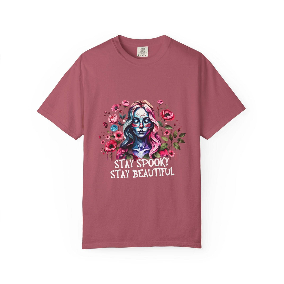Unisex floral skeleton t-shirt with "Stay Spooky Stay Beautiful" print in soft cotton fabric