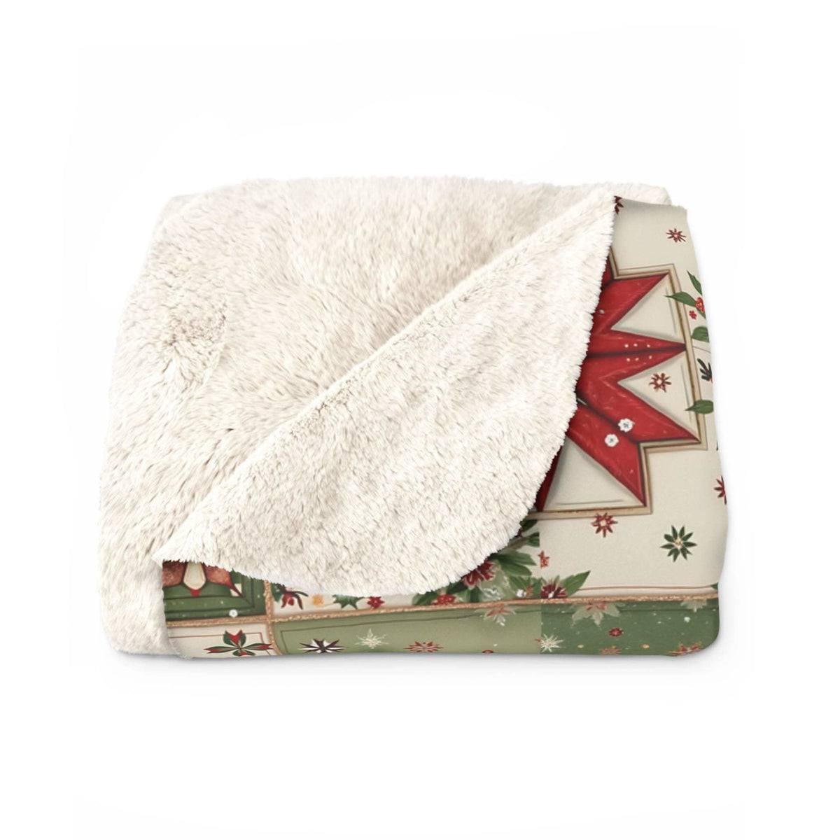 Vintage Christmas Patchwork Sherpa Blanket with plush fleece and nostalgic holiday patchwork design