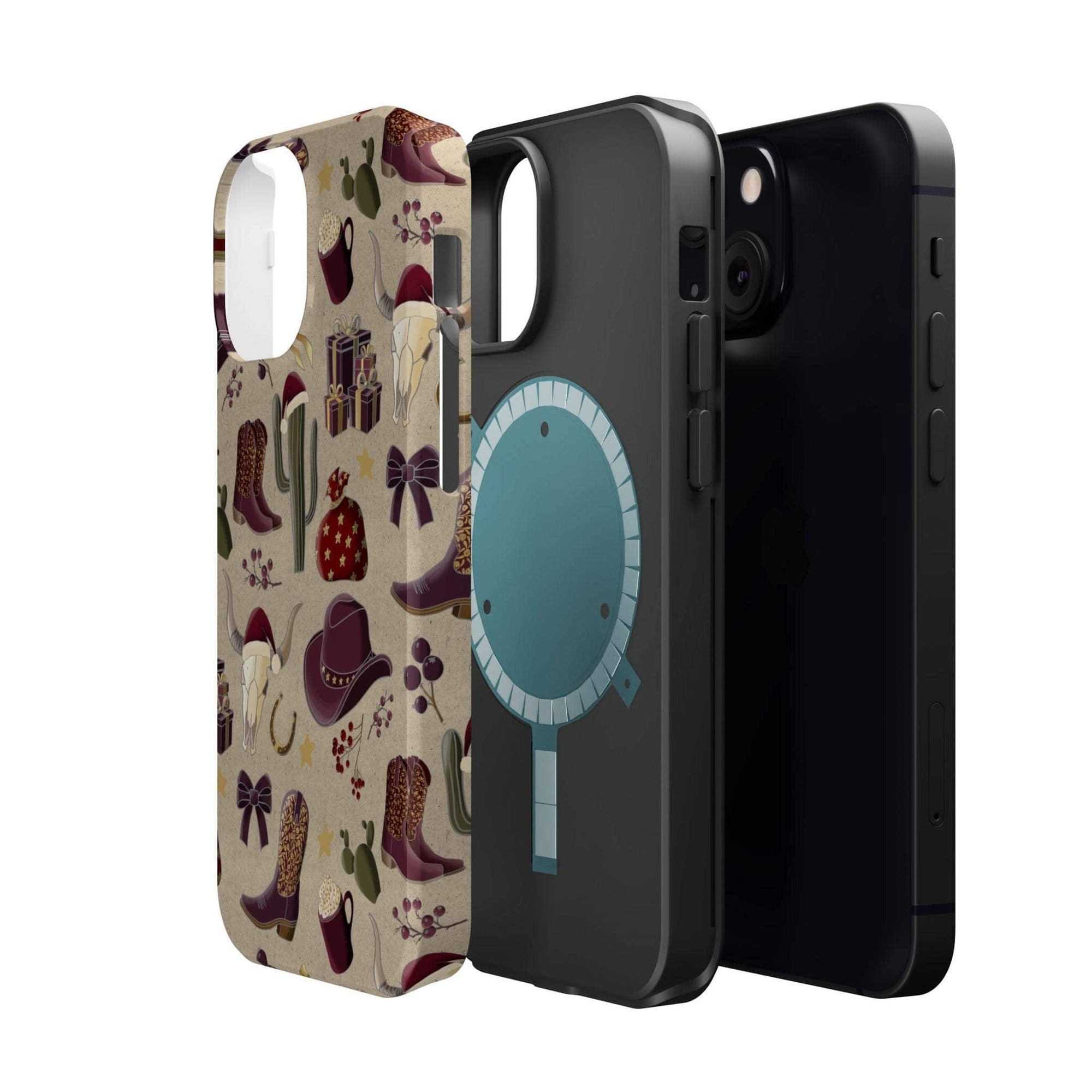 Cowboy Christmas design phone case for iPhone 17 in glossy finish by Printify, featuring festive colors and patterns.