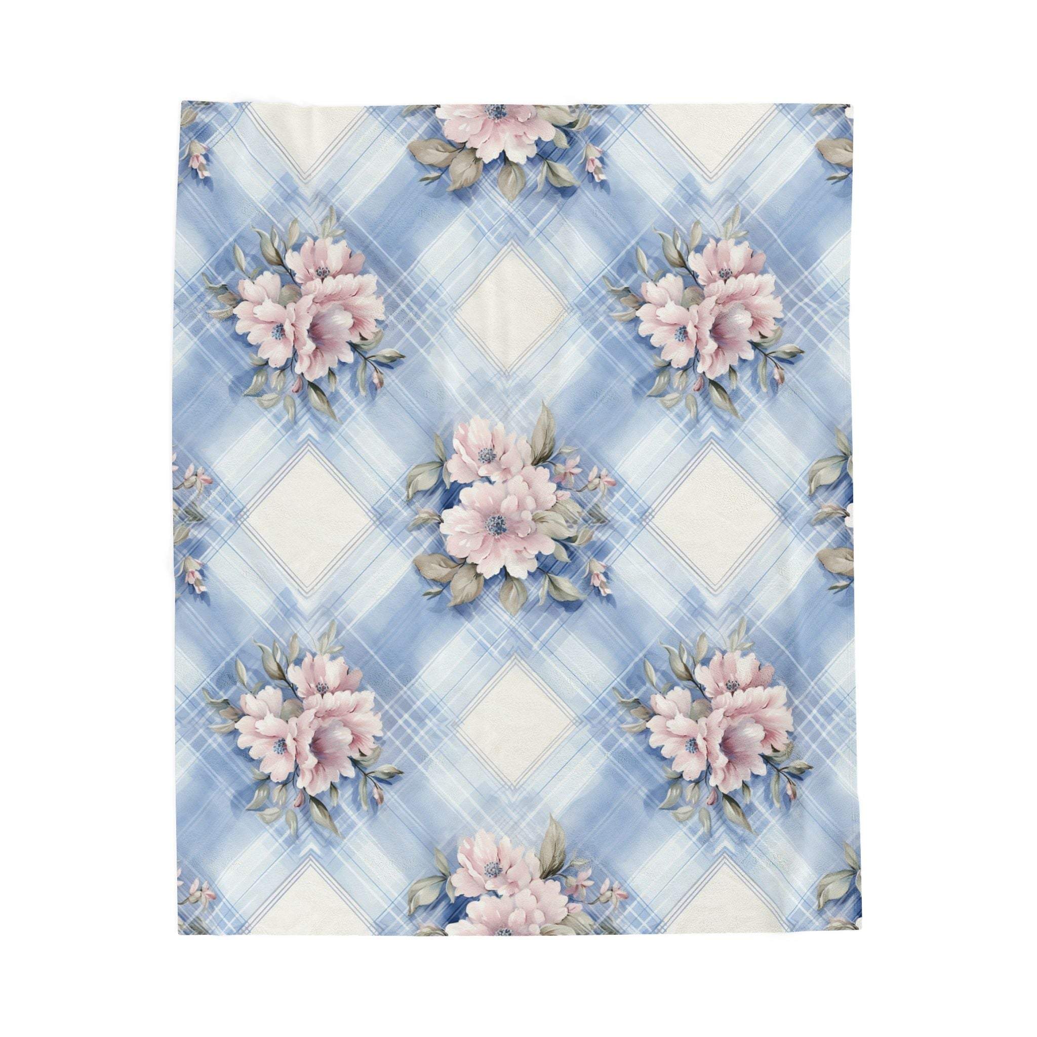 Floral velveteen plush blanket in pastel light blue and pink by Printify, perfect for cozy bedroom decor.