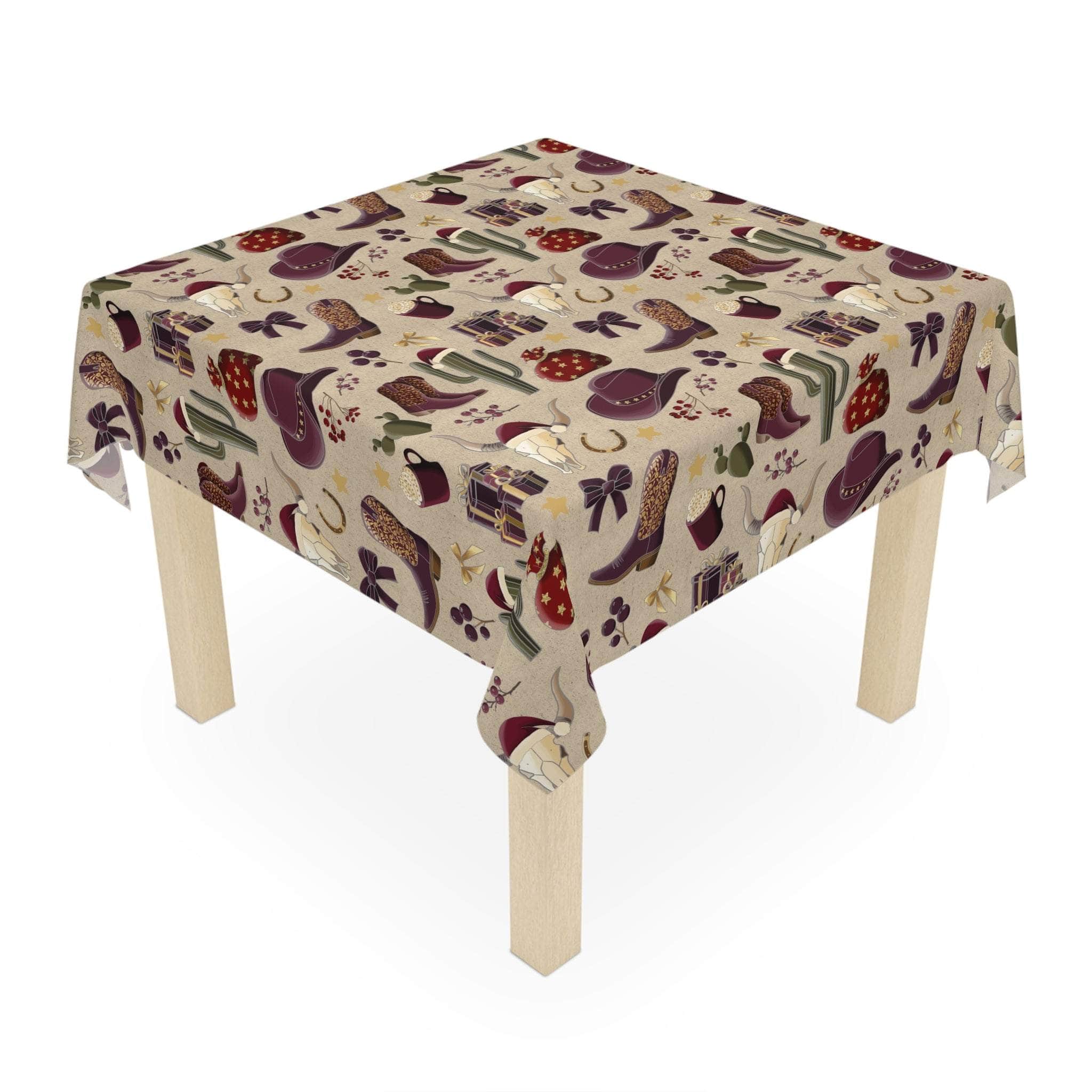 Cowboy Christmas tablecloth with western-themed holiday design on square table