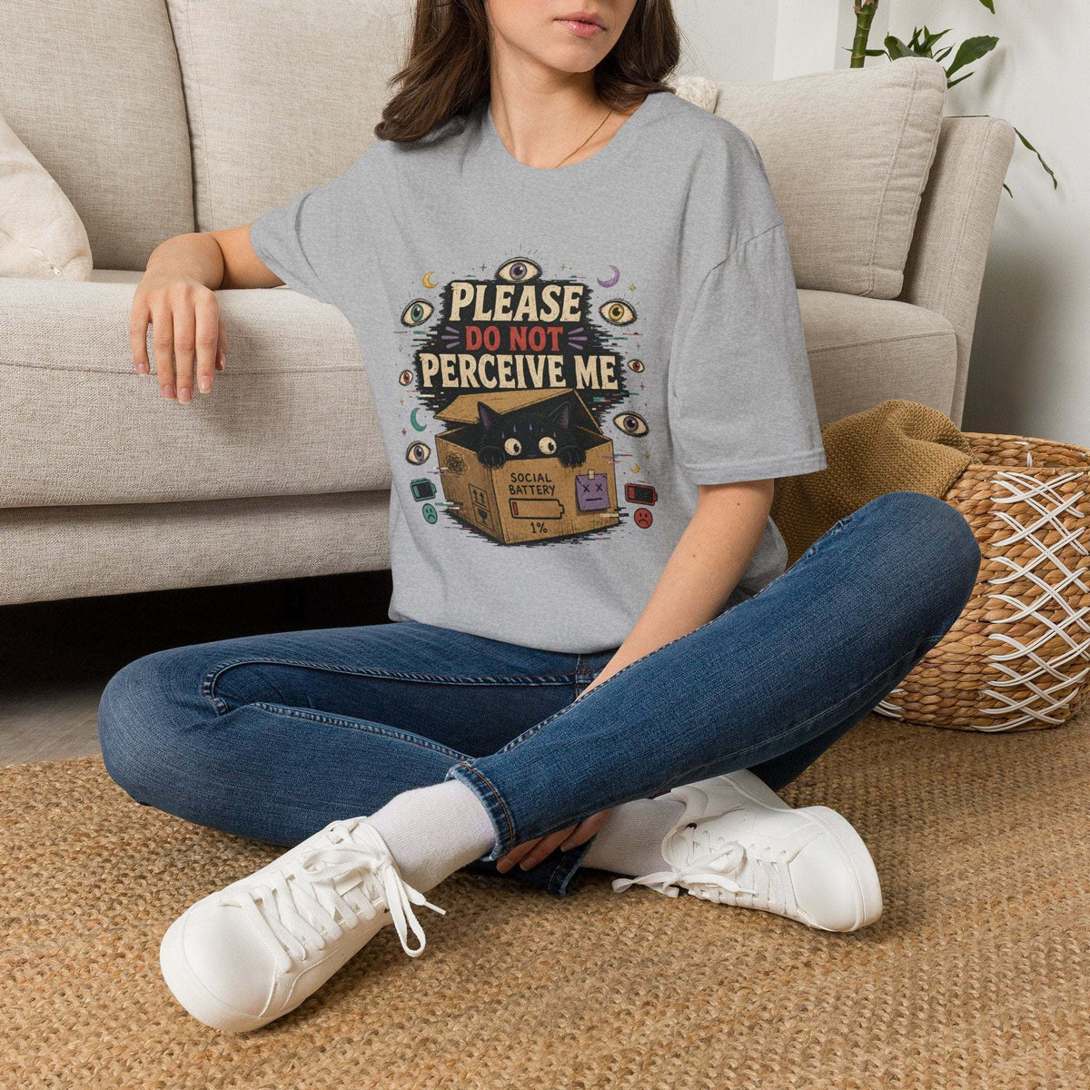 Black cat in box with "Please Do Not Perceive Me" text and occult symbols on surreal t-shirt