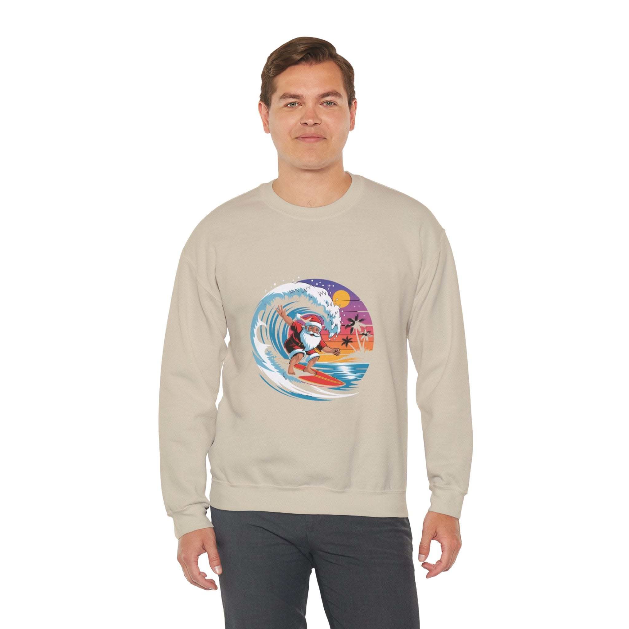 Navy Santa sweatshirt featuring a surfing design, perfect for holiday beachwear by Printify.