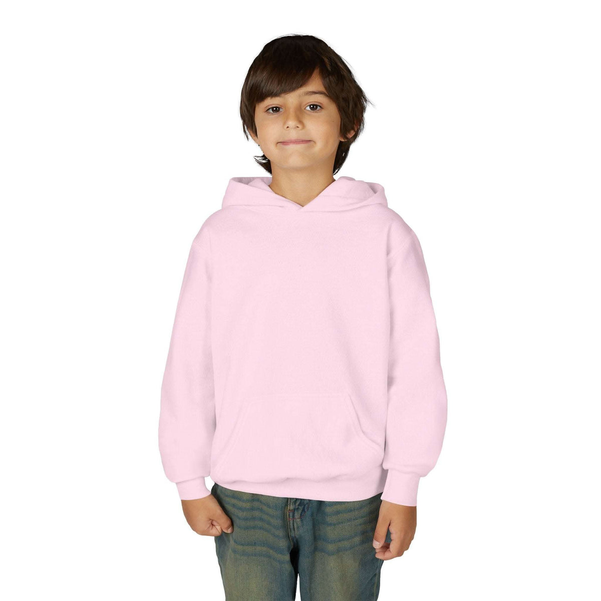 Child wearing a pink Patchwork Wild Word Hoodie with kangaroo pocket and youth fit