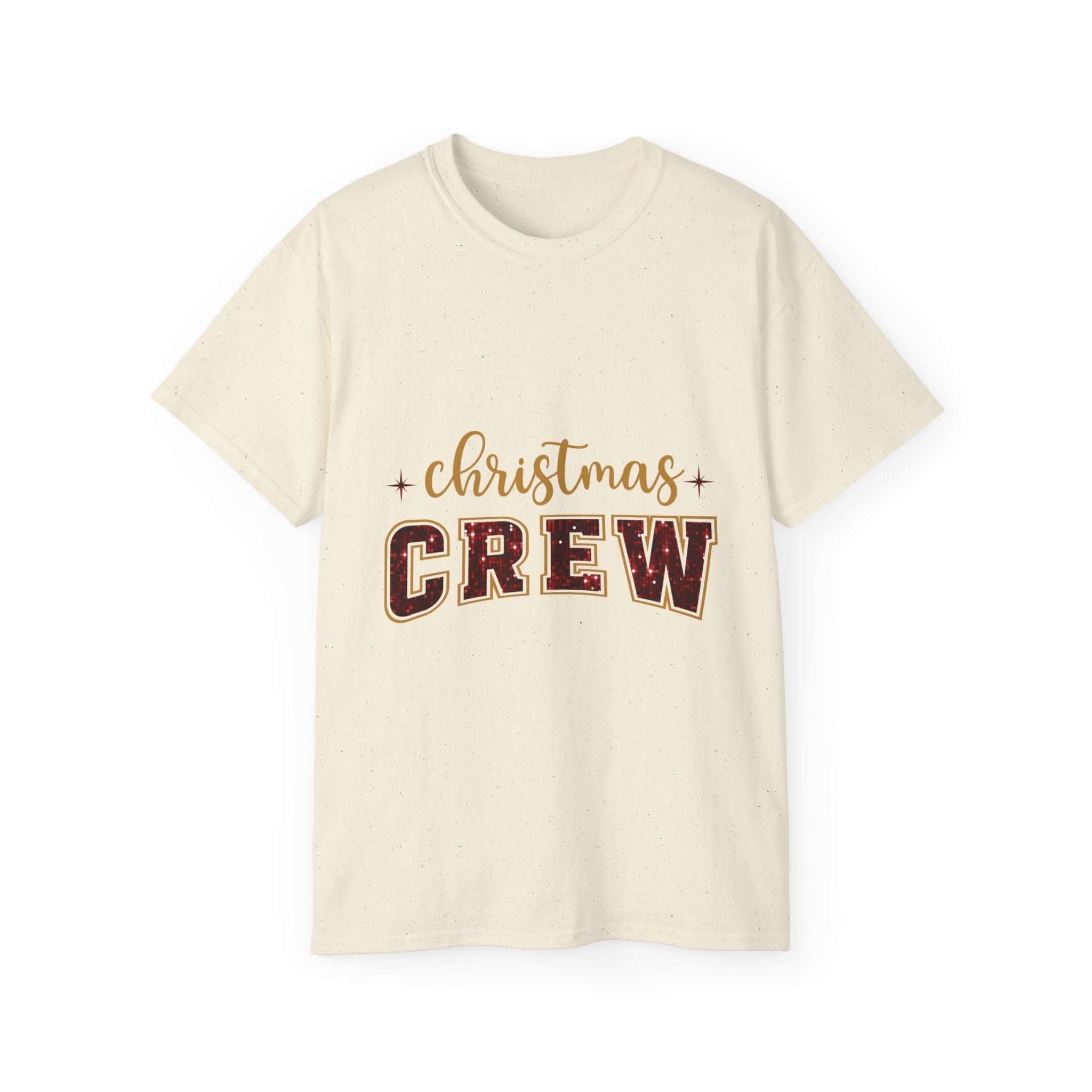 Antique Cherry Red Christmas Crew Faux Glitter Tee with festive design