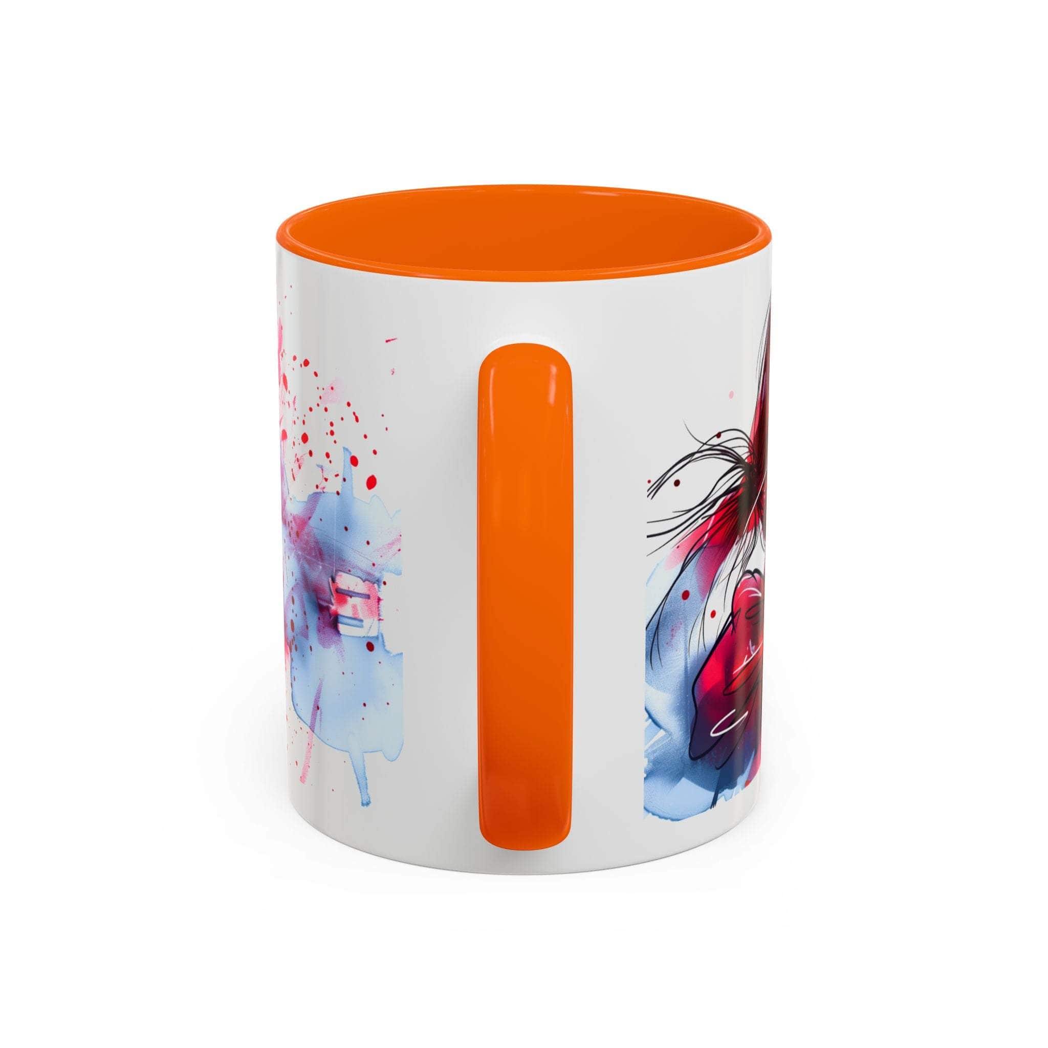 White mug with orange interior and handle, featuring colorful abstract designs on a white background