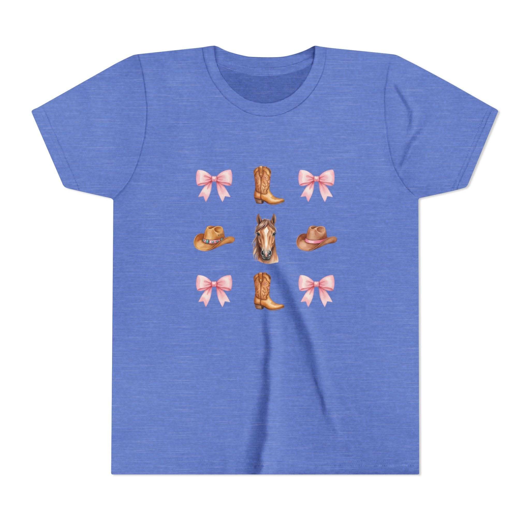 Youth pink tee with Cowboy Horse & Boots Coquette Bow Pattern featuring western hat and horse face design