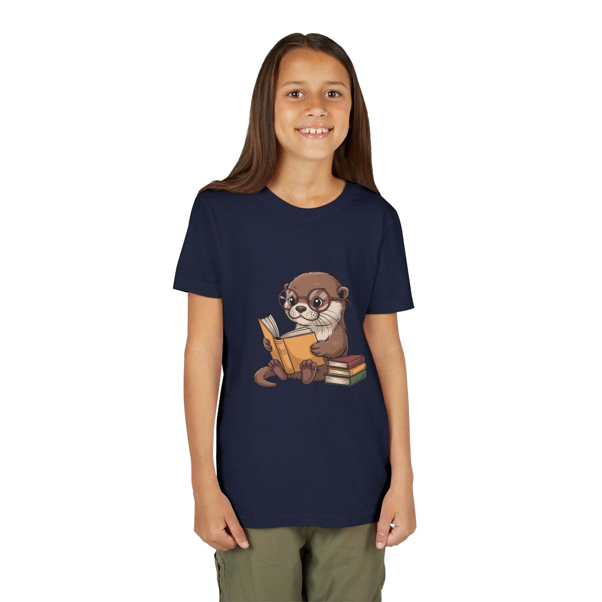 Youth tee featuring a reading otter design, lightweight and breathable for kids.