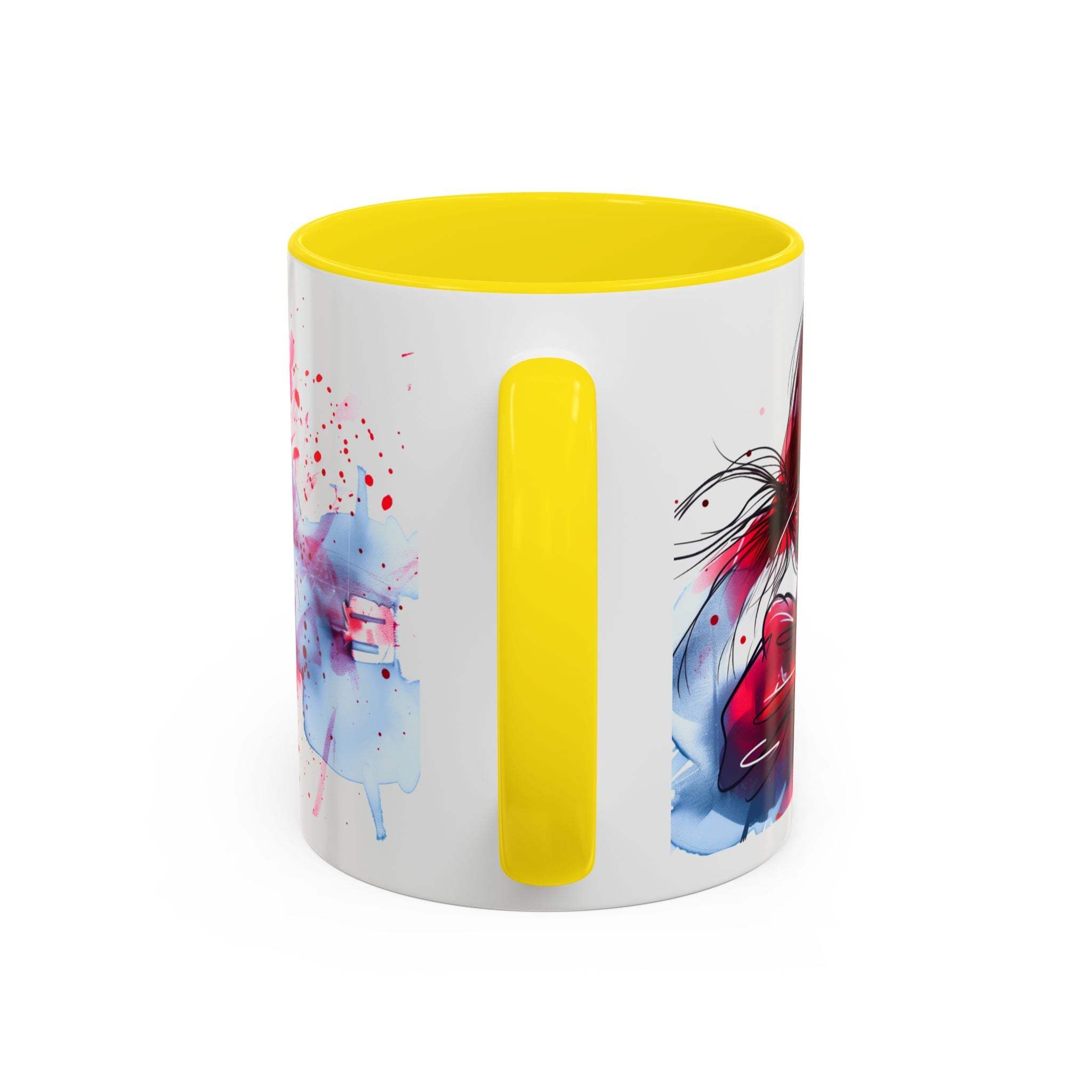 Mug with colorful design and yellow interior on a white background