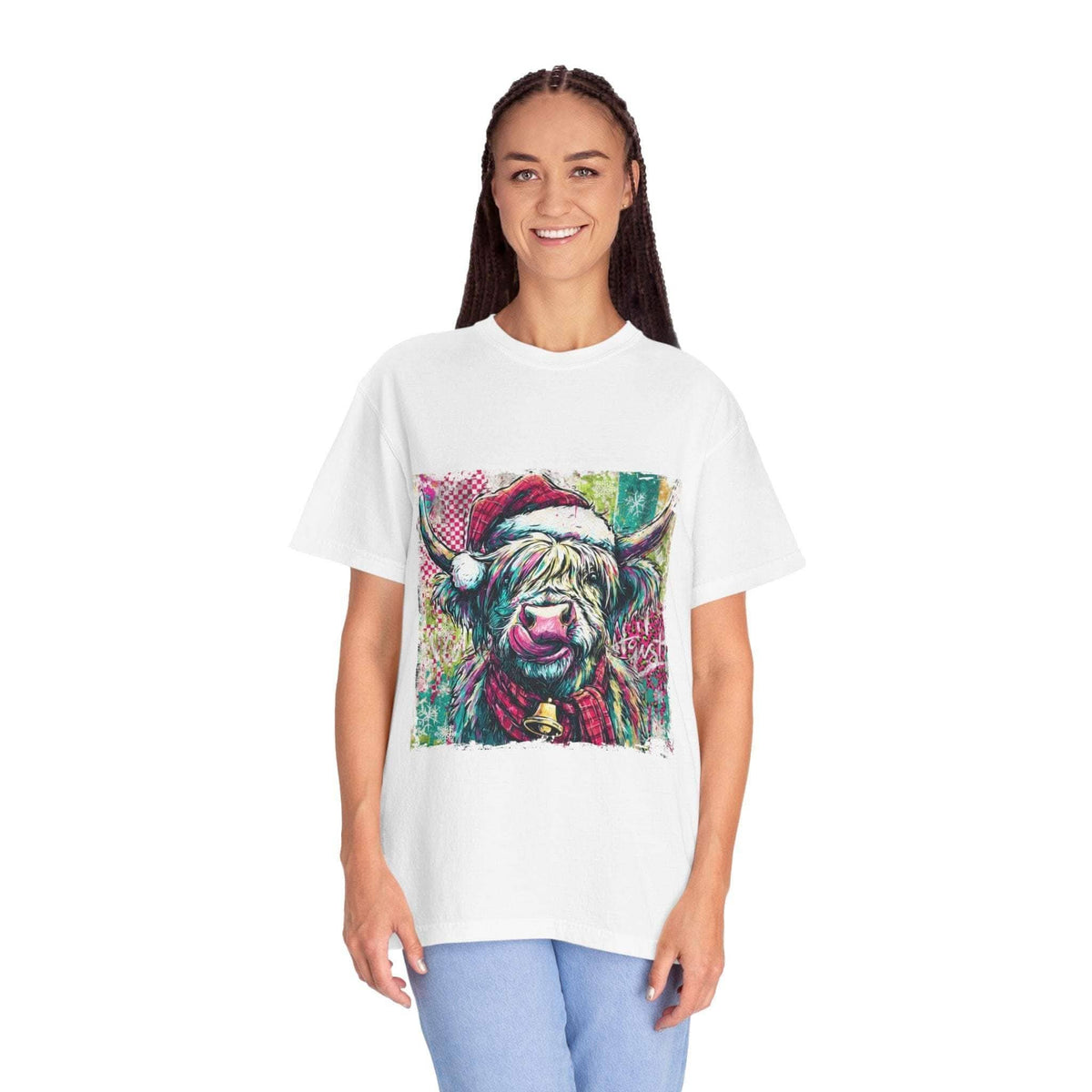 Retro Santa Highland Cow graphic on green cotton T-shirt