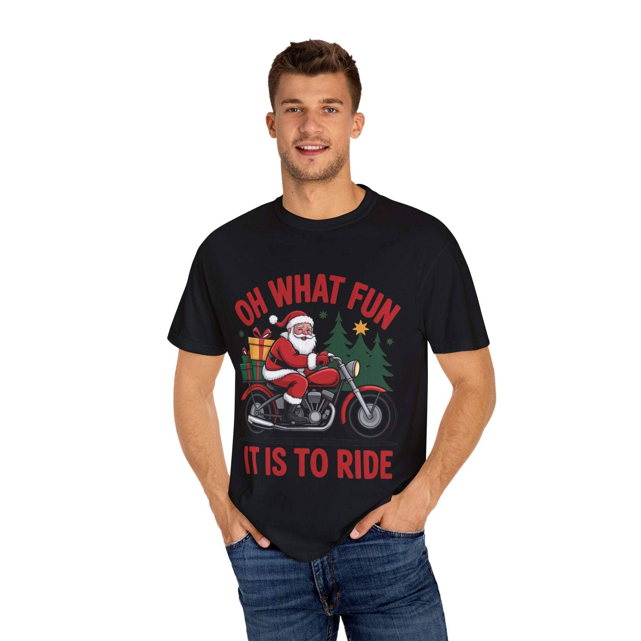 Man wearing black Santa on a Motorcycle Christmas T-shirt with red text and festive design
