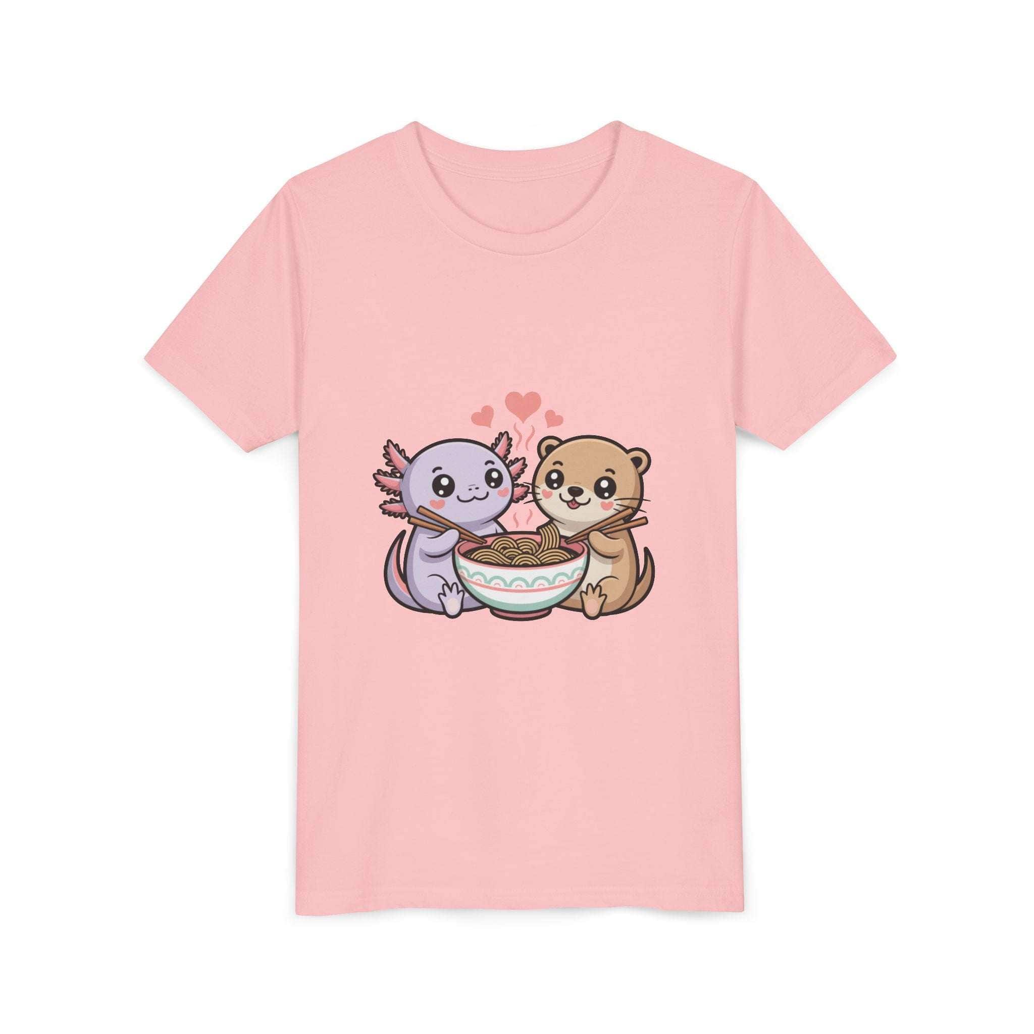 Cute kawaii animal kids shirt with axolotl and otter sharing ramen bowl on lightweight cotton tee