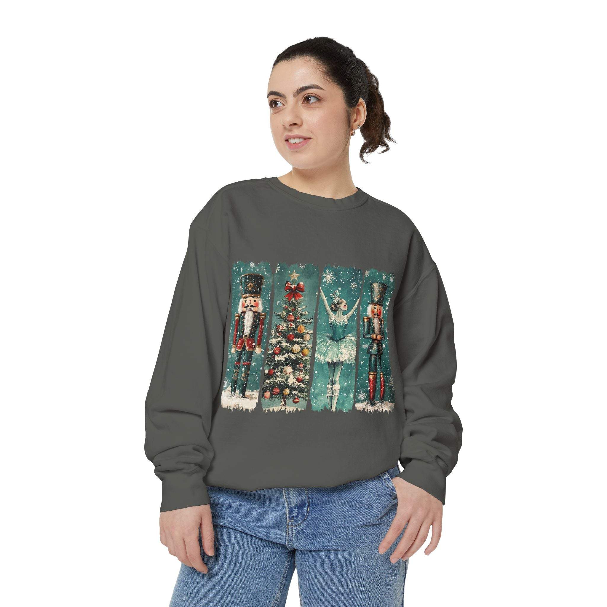 Woman wearing vintage Christmas nutcracker sweatshirt with nutcracker and holiday design on front