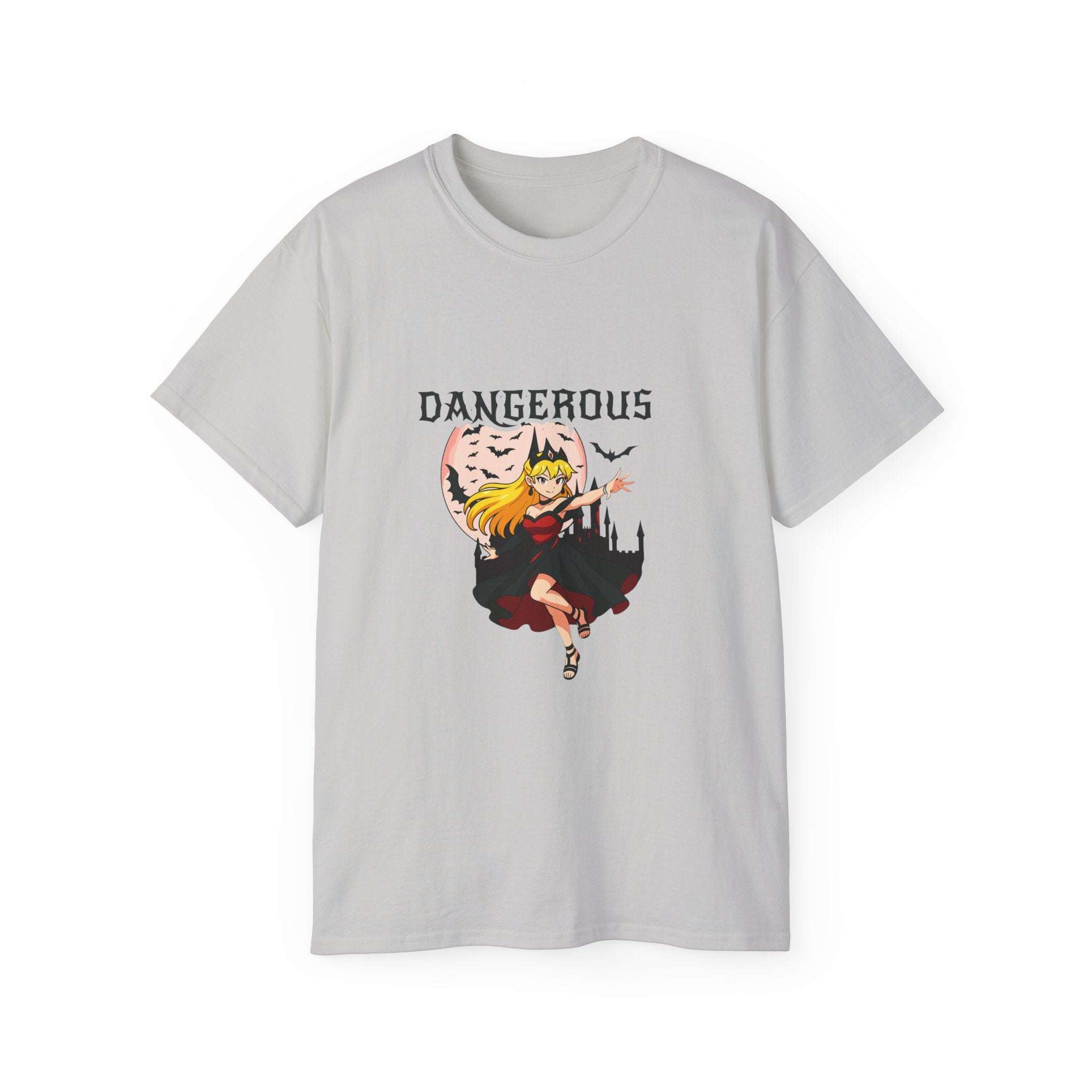 Anime Halloween T-shirt featuring Dangerous Girl print in Antique Cherry Red, made from eco-friendly cotton.