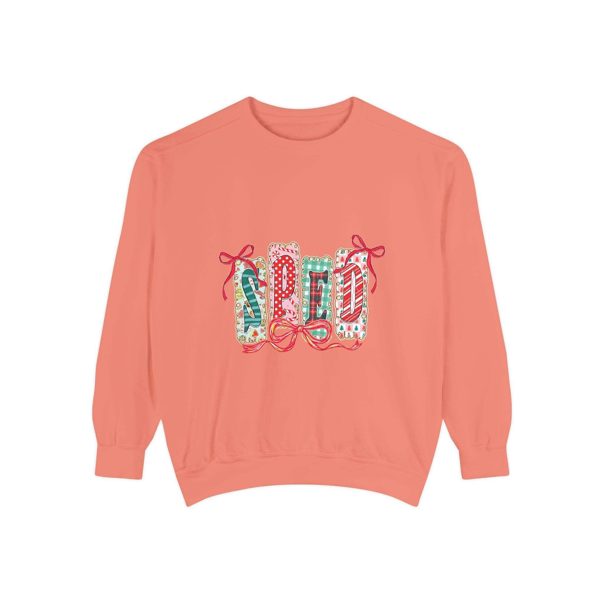 Garment-dyed pepper sweatshirt for SPED teachers with Christmas-themed design, featuring a cozy fit, from Printify