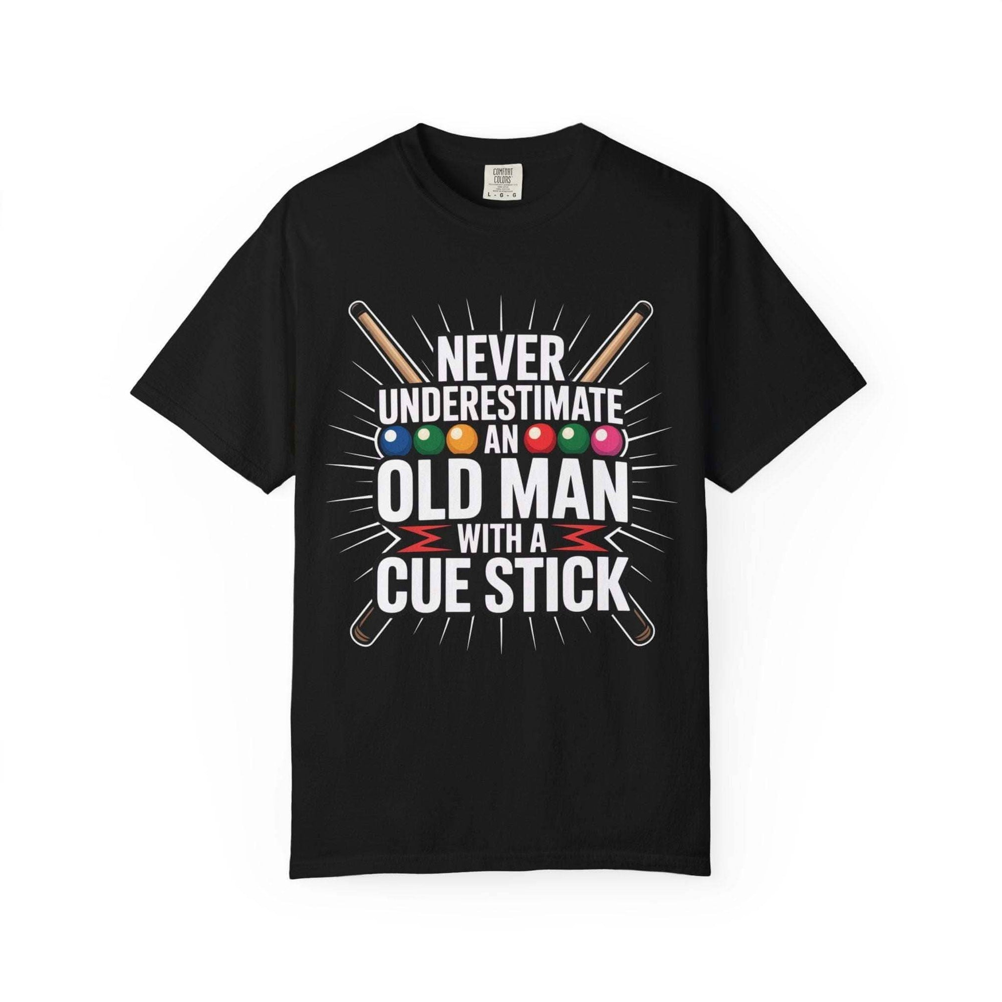 Black t-shirt with pool-themed text and graphics on a white background