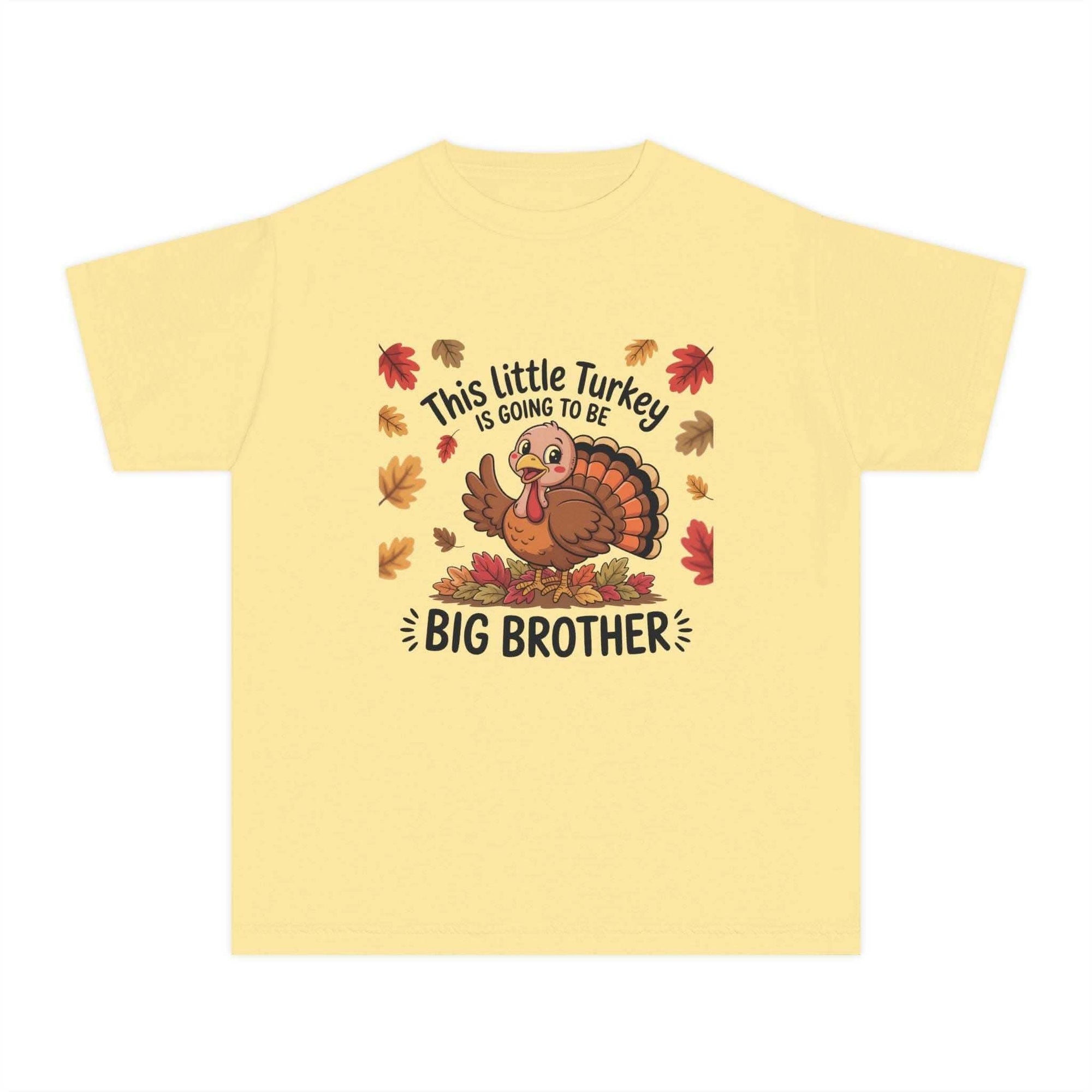 Youth Tee Big Brother Thanksgiving announcement shirt with turkey and fall leaves design