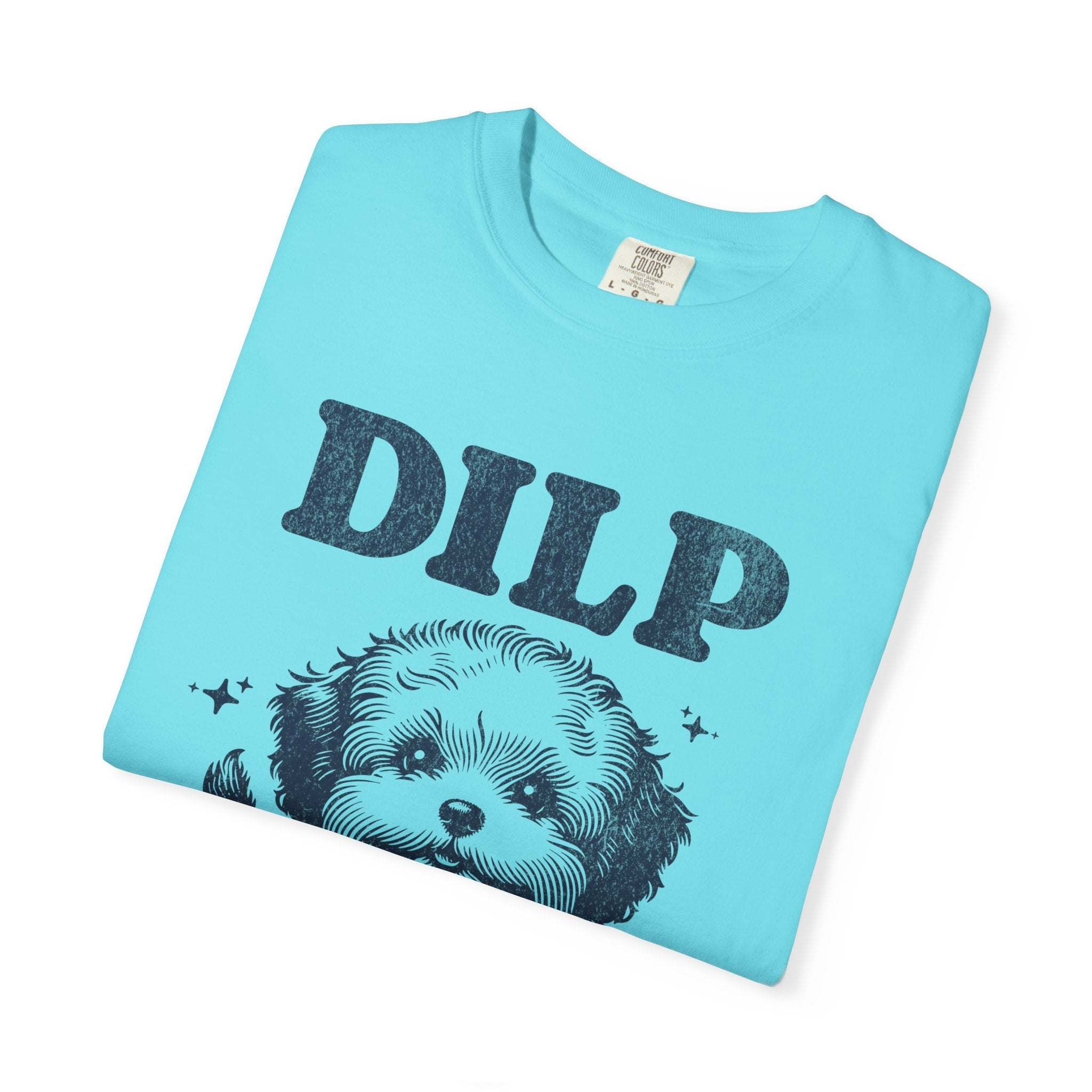 Light blue garment-dyed T-shirt with DILP dog graphic and playful design for dog lovers