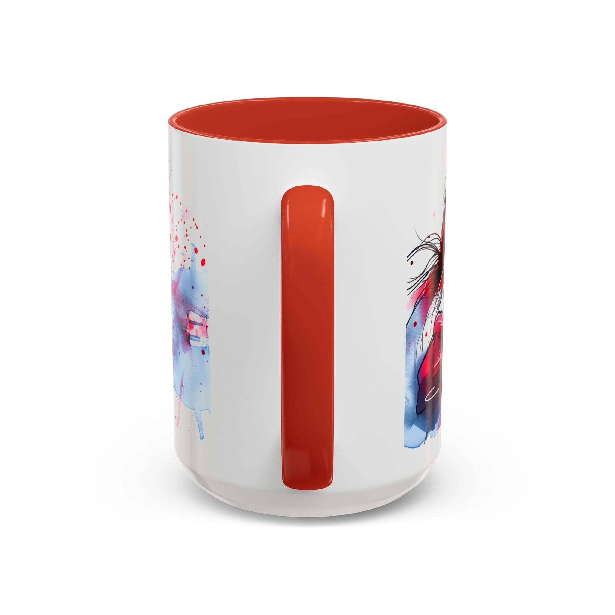 Valentines Floral Love Accent Coffee Mug with red interior and handle, romantic heart and floral design on white ceramic.