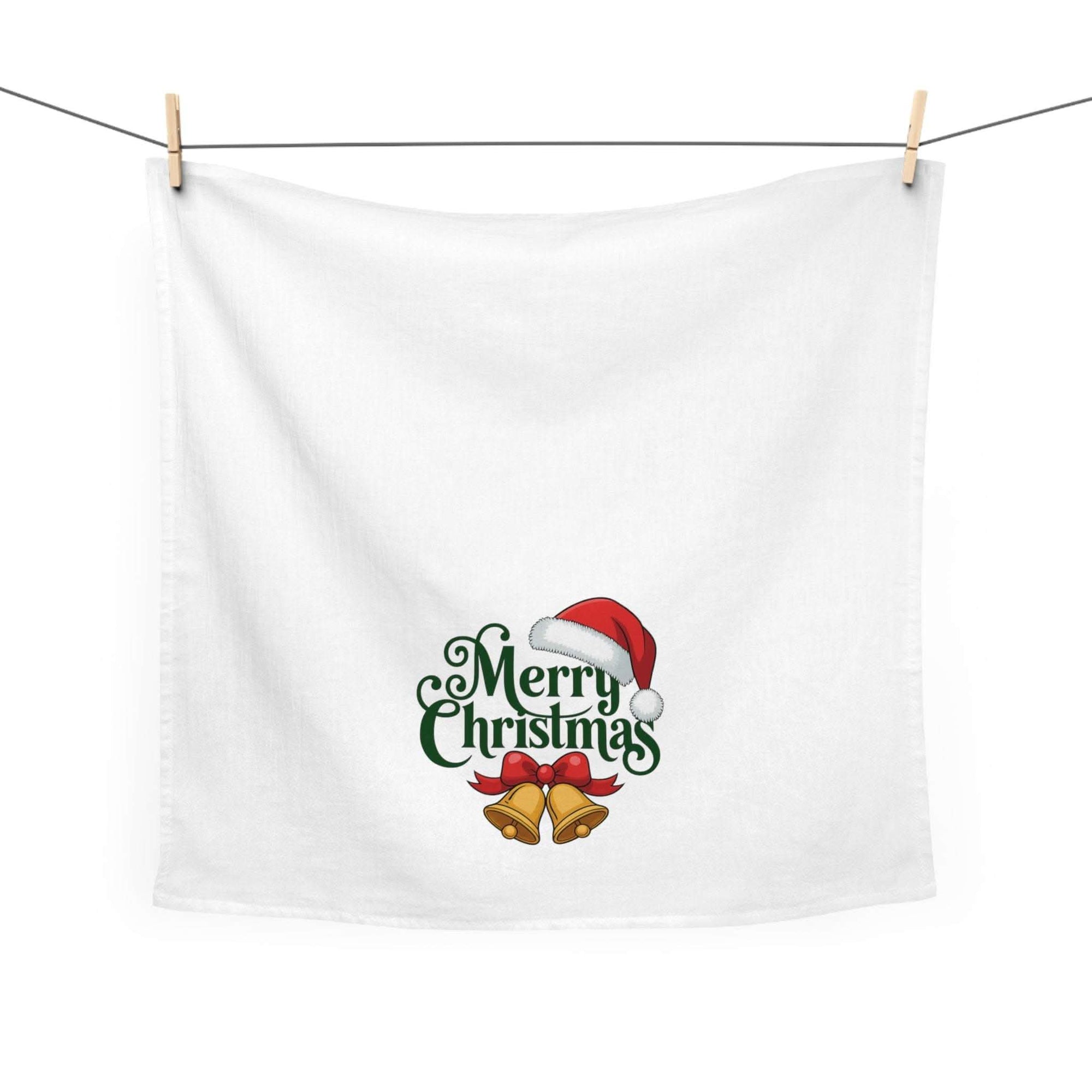 Merry Christmas Bells cotton tea towel with festive bells and Santa hat design