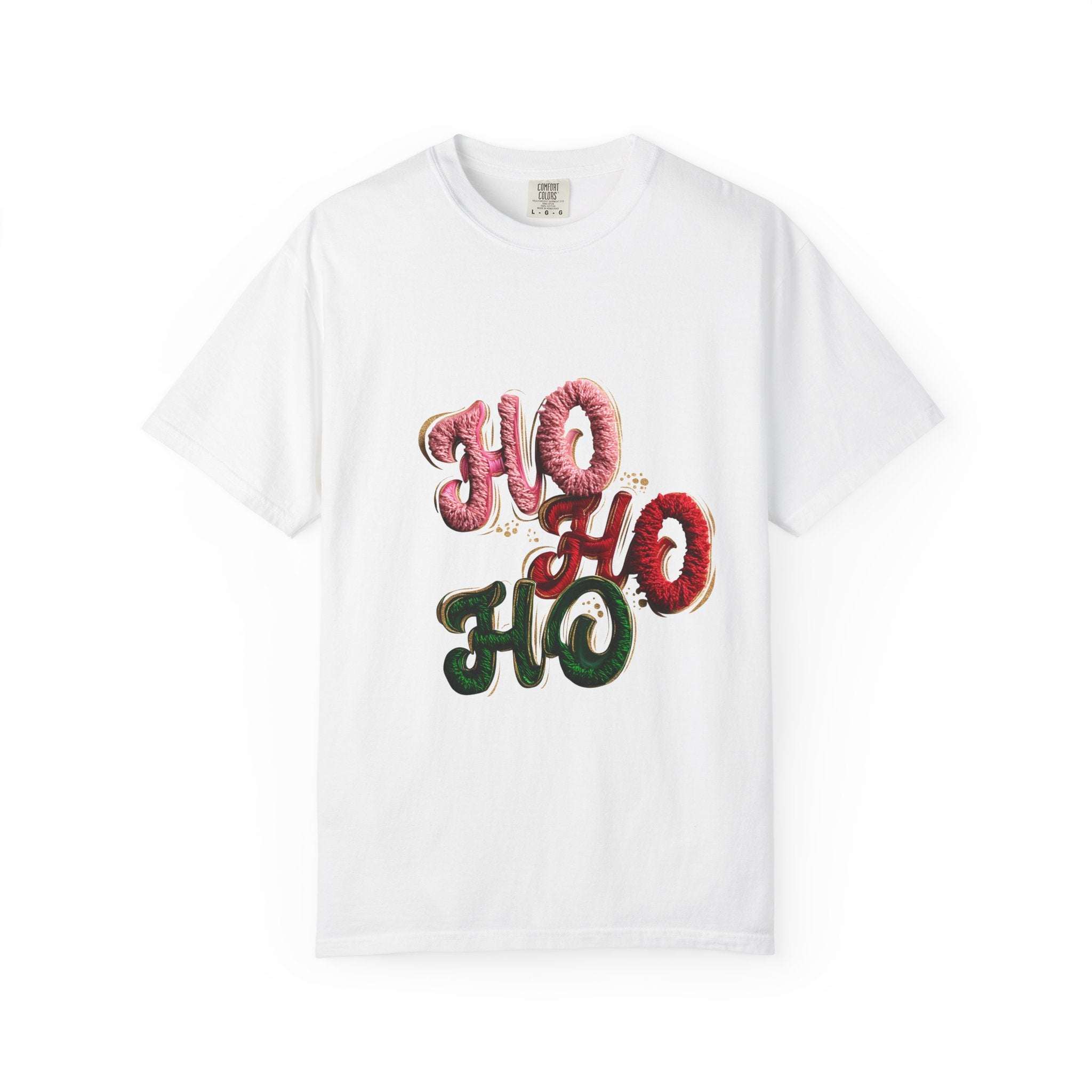 White Christmas graphic tee featuring faux puffy crochet 'Ho, Ho, Ho' design by Printify