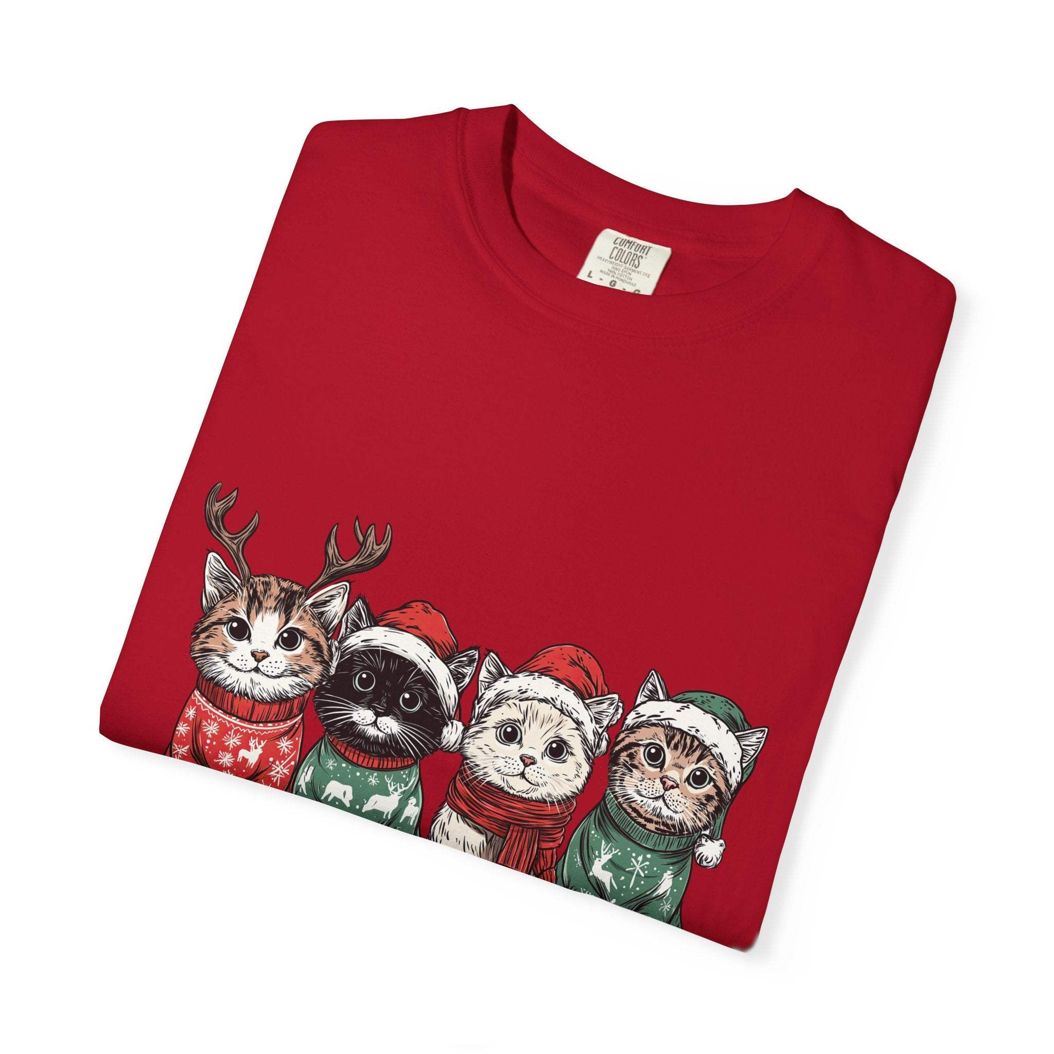 Bay Cat Lover T-shirt with Meowy Christmas design from Printify, perfect festive gift for cat enthusiasts.