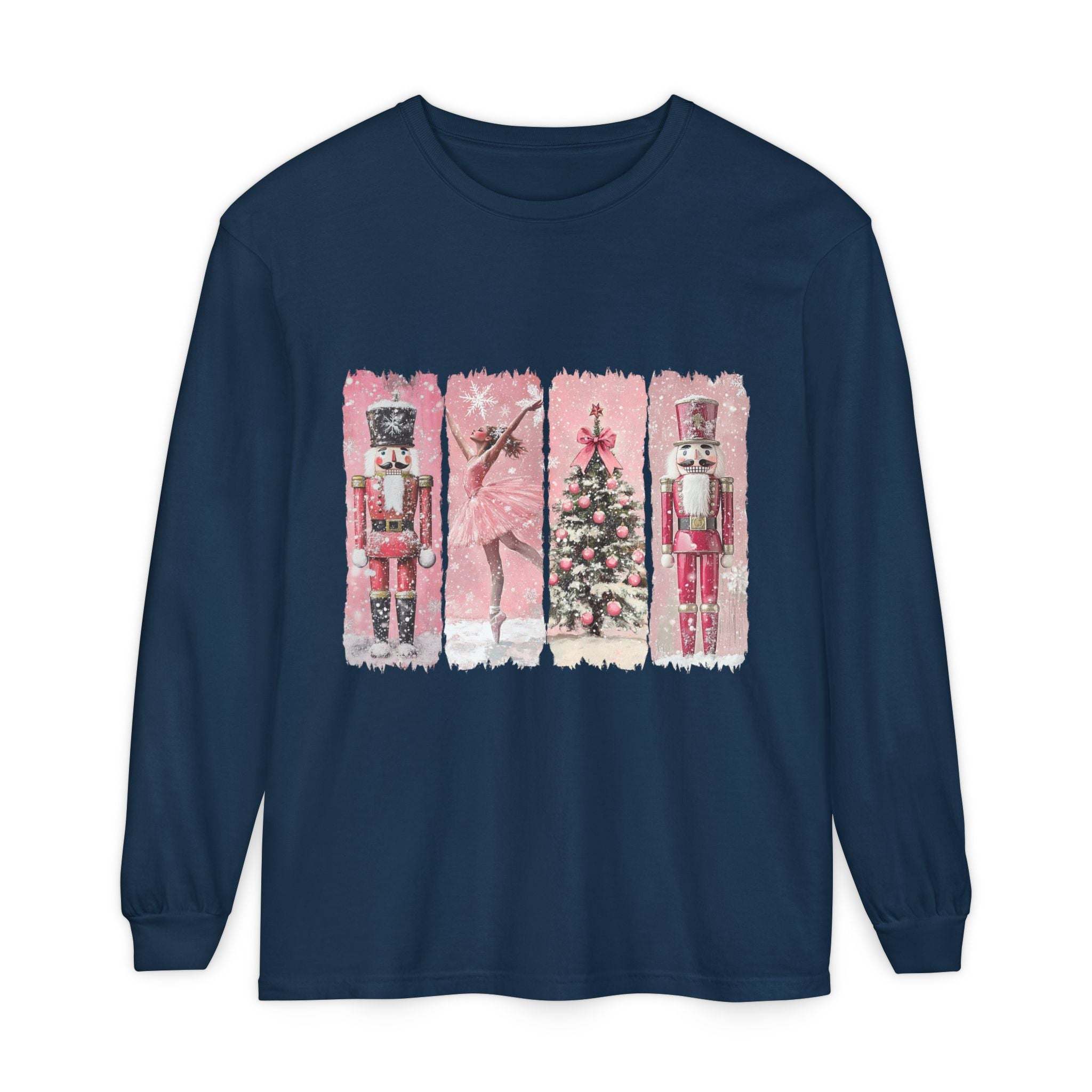 navy blue long sleeve t-shirt with preppy pink watercolor nutcracker Christmas design