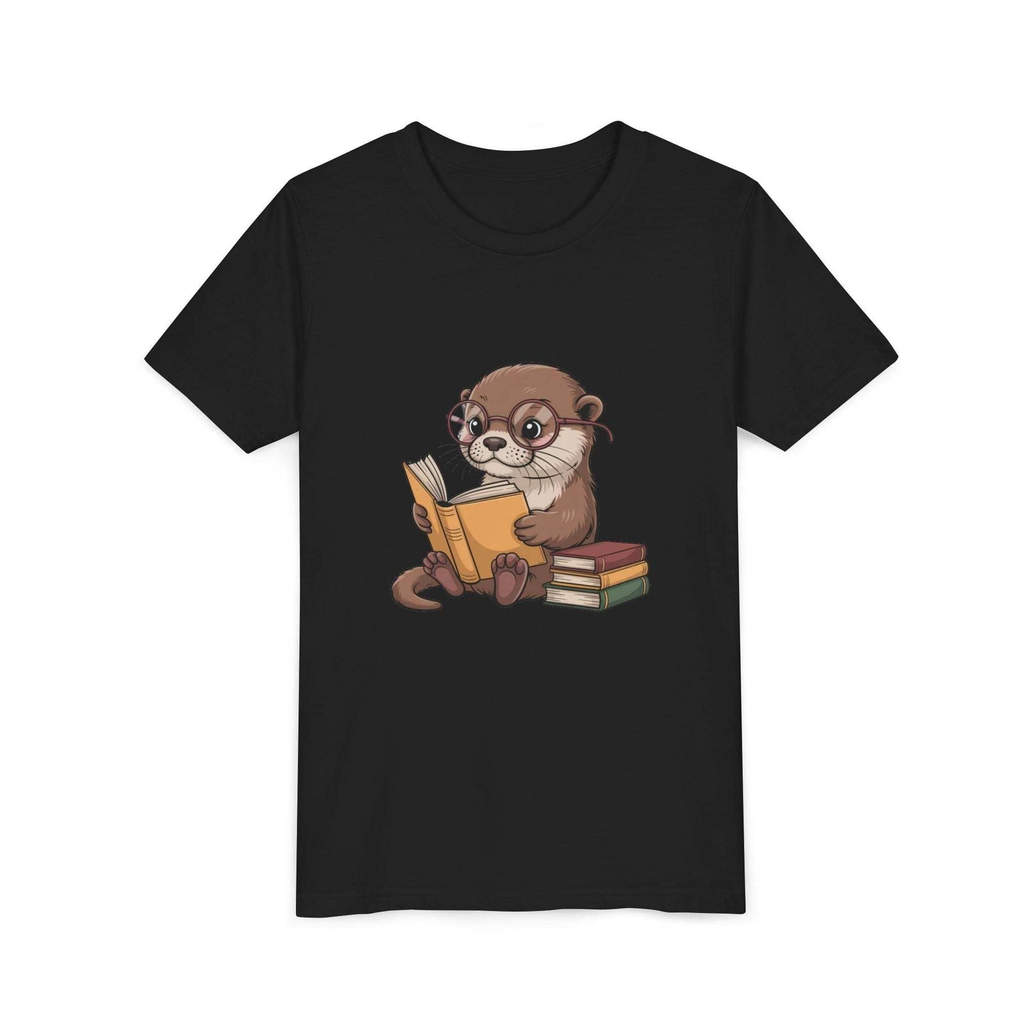 Black t-shirt with a cartoon otter reading a book design on a white background