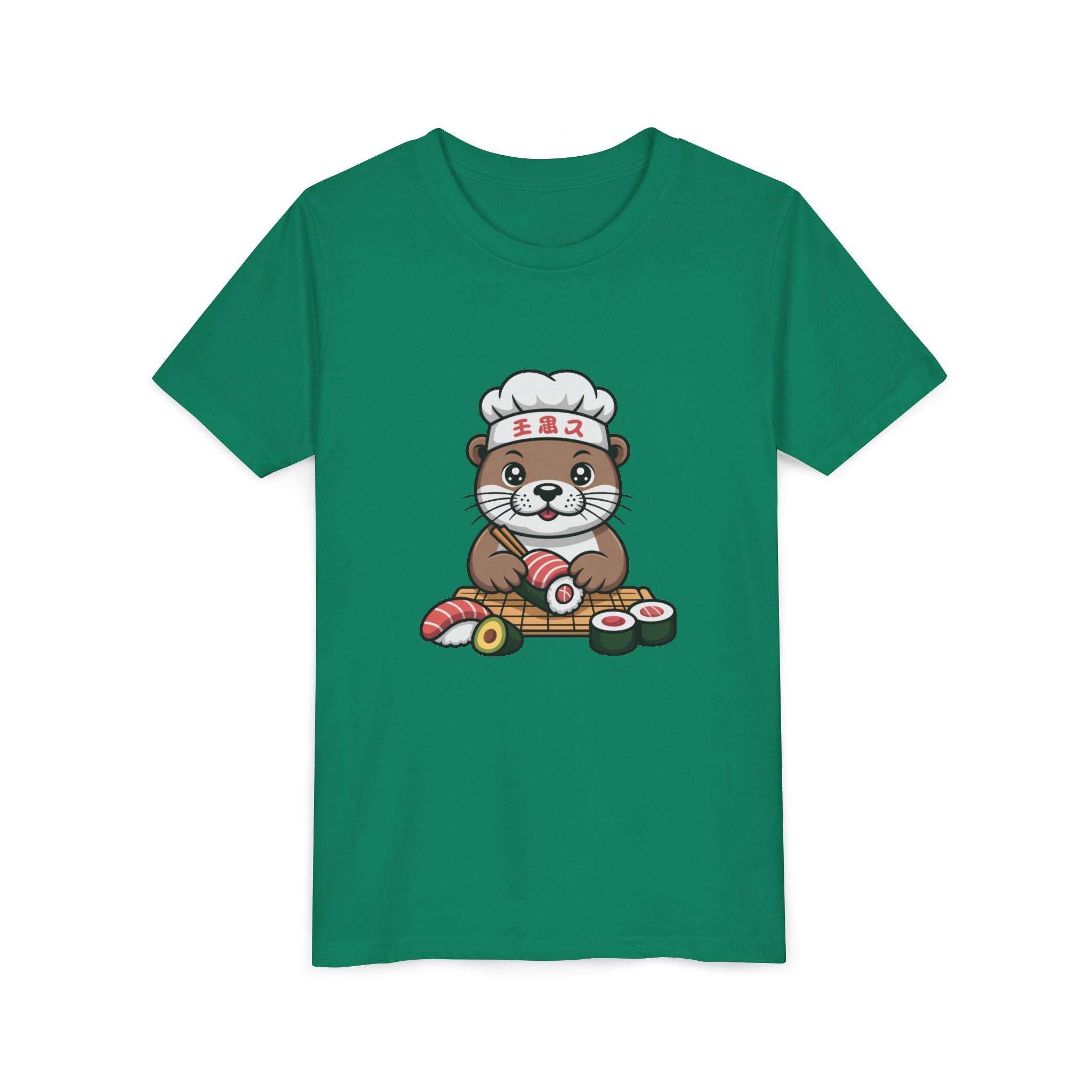 Cute Otter Sushi Chef graphic tee for kids showcasing a playful otter making sushi