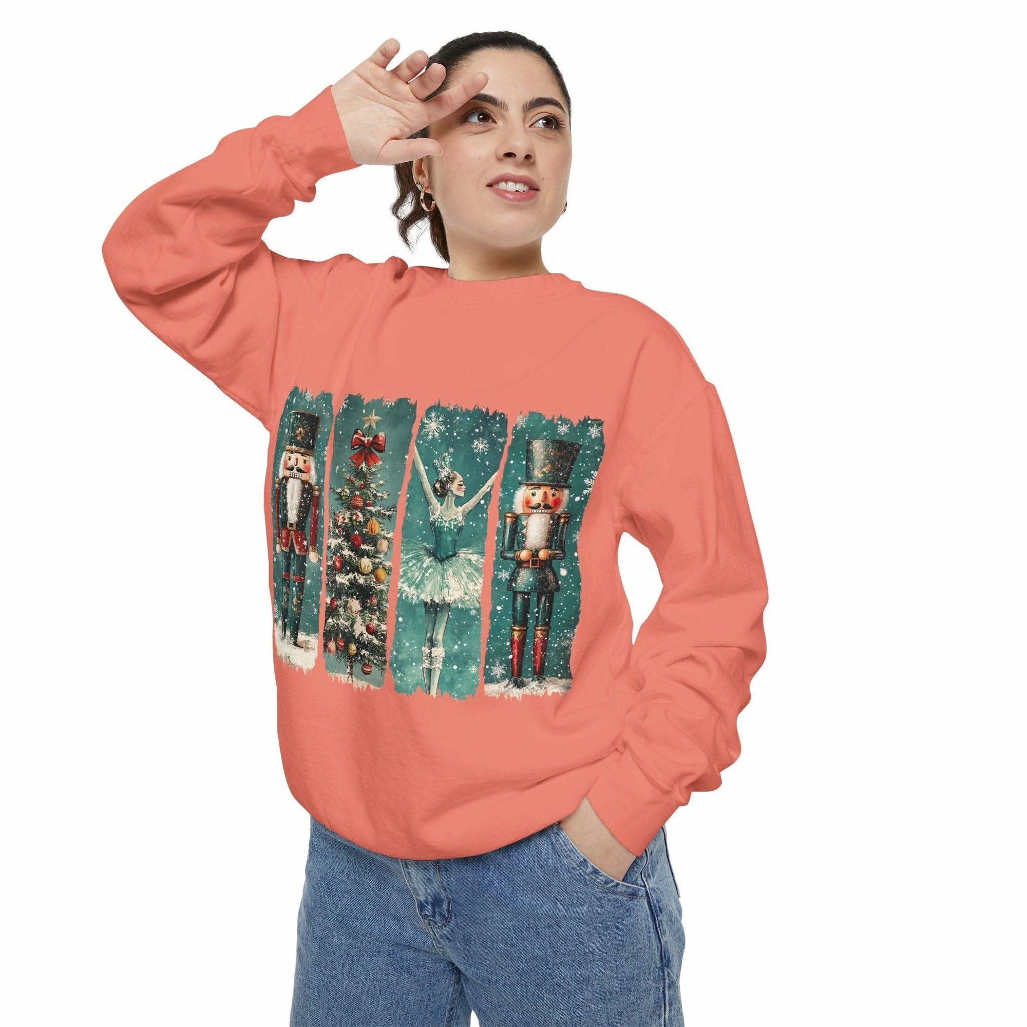 Woman wearing vintage Christmas nutcracker sweatshirt with holiday-themed watercolor design