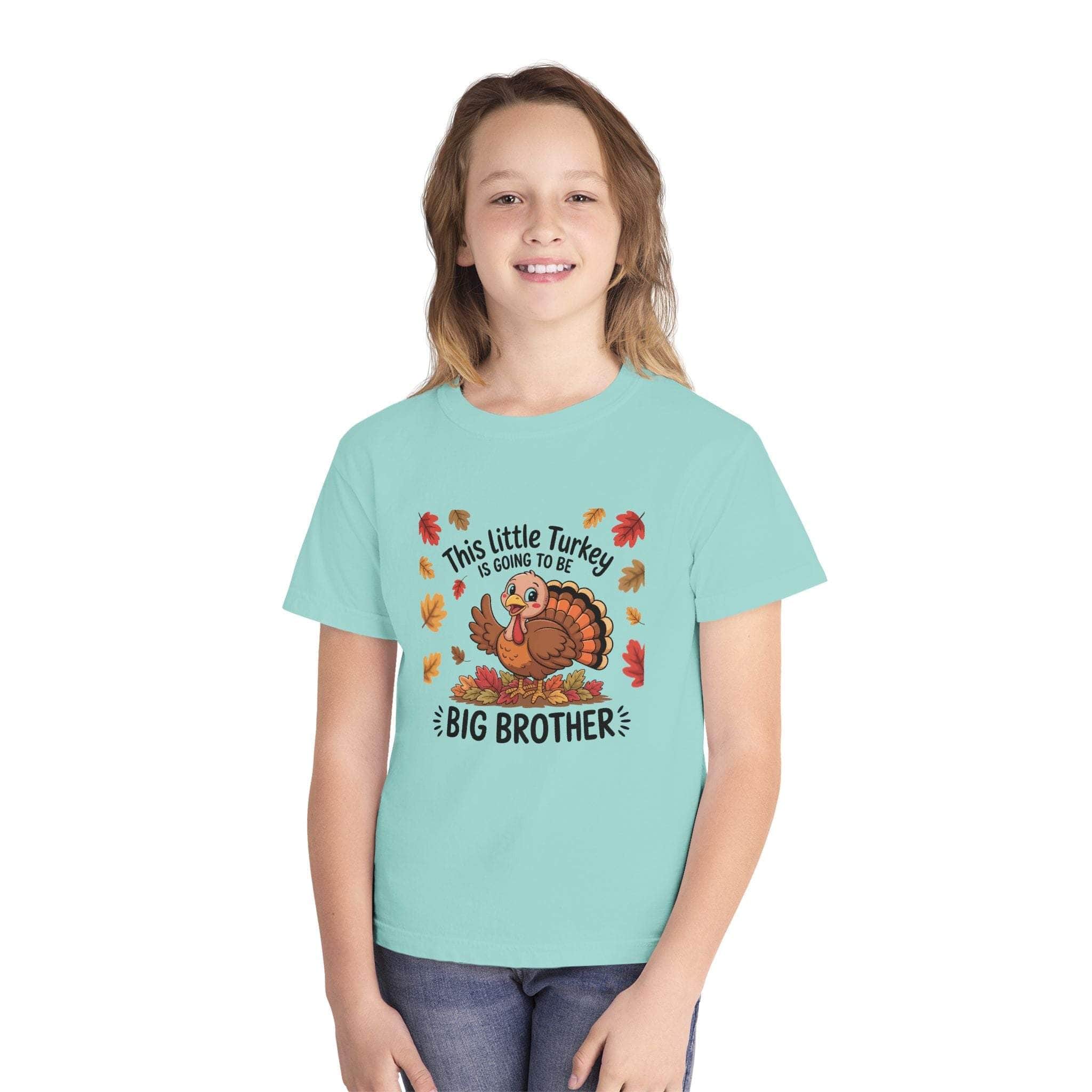 Youth tee featuring Thanksgiving big brother announcement with turkey and autumn leaves design