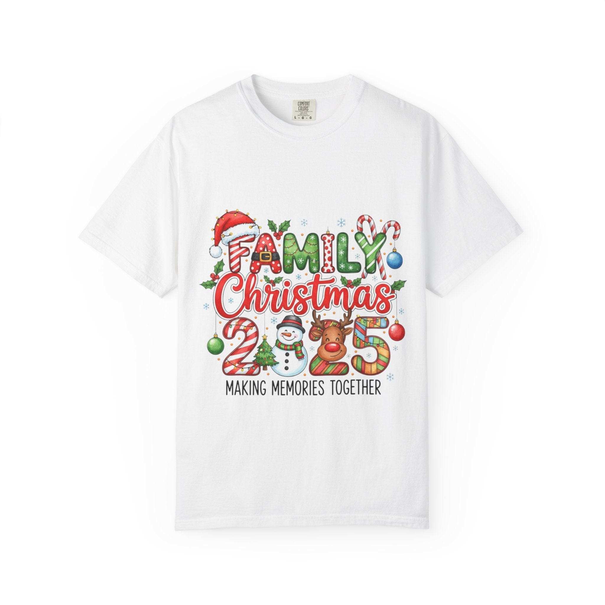 White garment-dyed T-shirt with Family Christmas 2025 festive design and cozy holiday theme