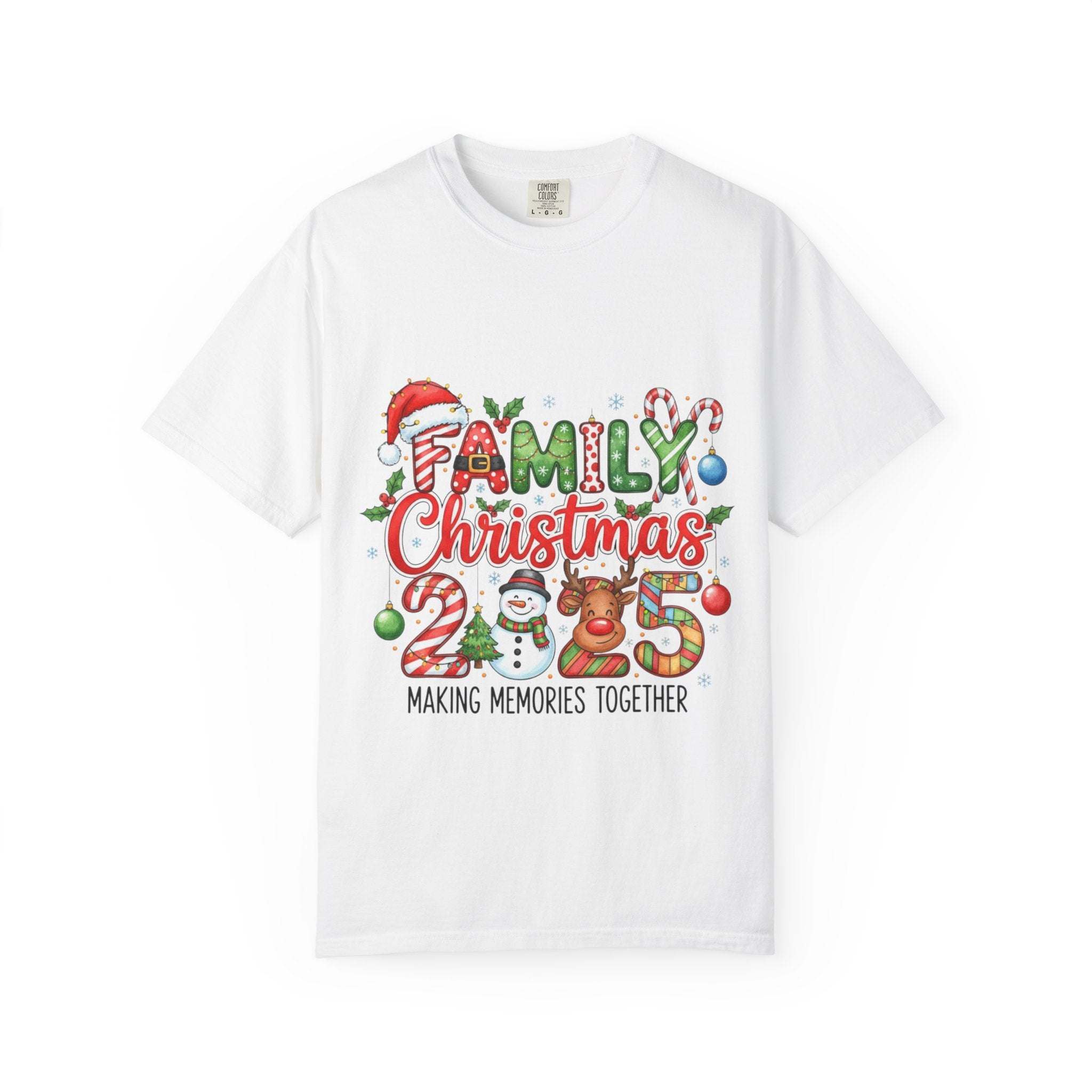 White Family Christmas 2025 T-shirt with festive holiday design featuring Santa hat, snowman, reindeer, and candy cane decorations