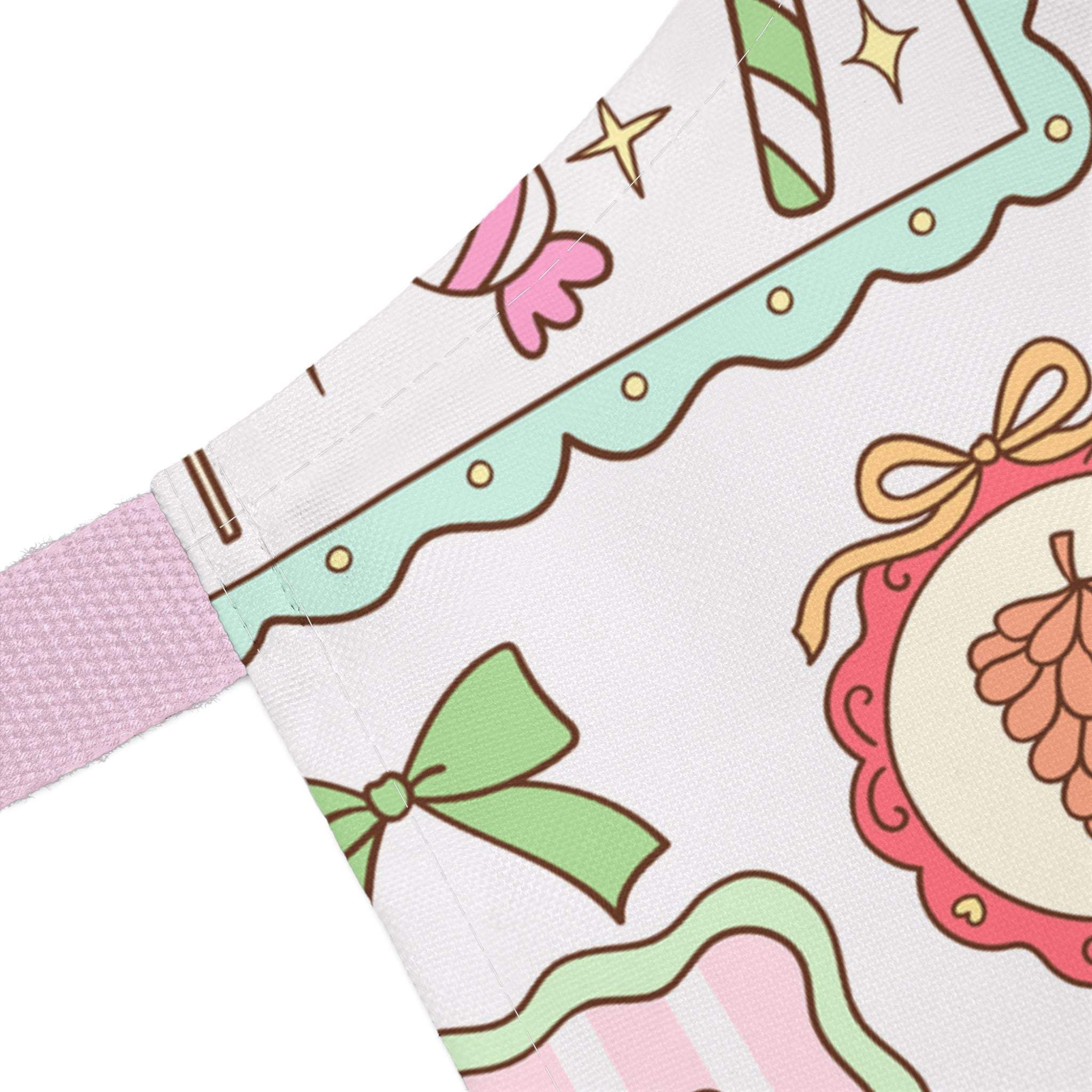 Retro Christmas Frames apron with colorful bows and festive designs on polyester canvas, pink strap detail