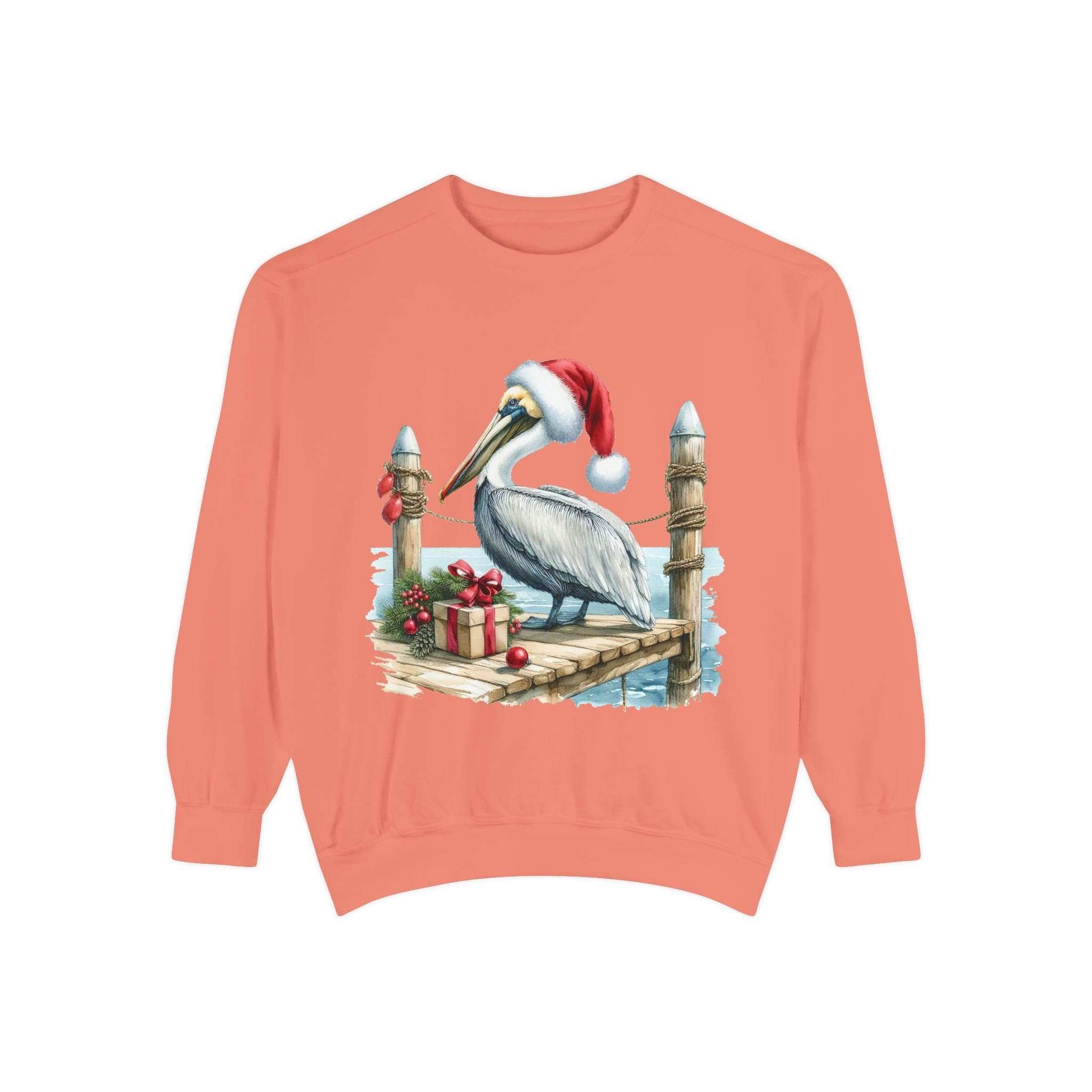 True Navy Christmas Pelican Santa sweatshirt by Printify, featuring a festive pelican graphic for cozy holiday wear.