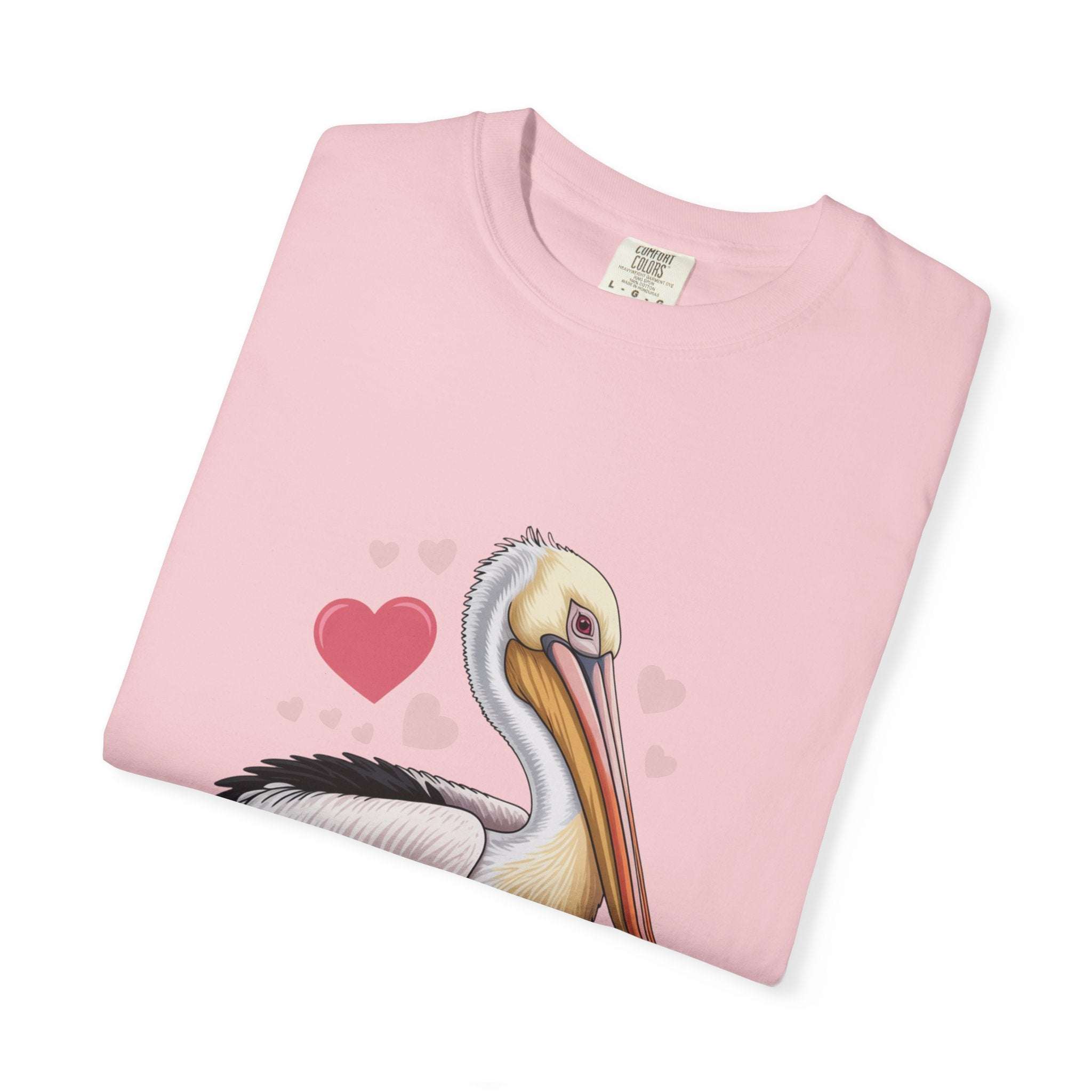 Valentine Pelican Hearts T-Shirt with vintage coastal pelican and heart design on relaxed garment-dyed tee