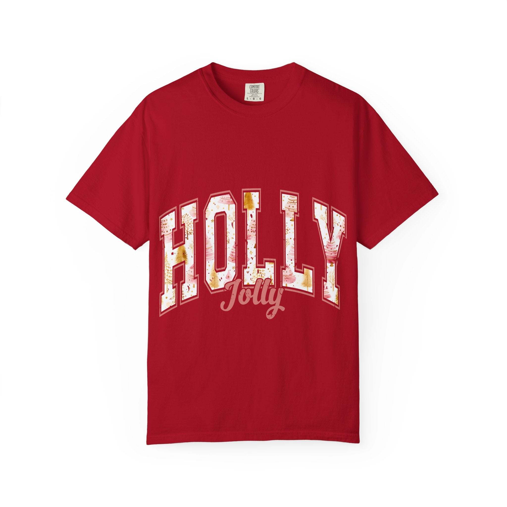 Red Varsity Holly Jolly unisex garment-dyed cotton T-shirt with festive text design
