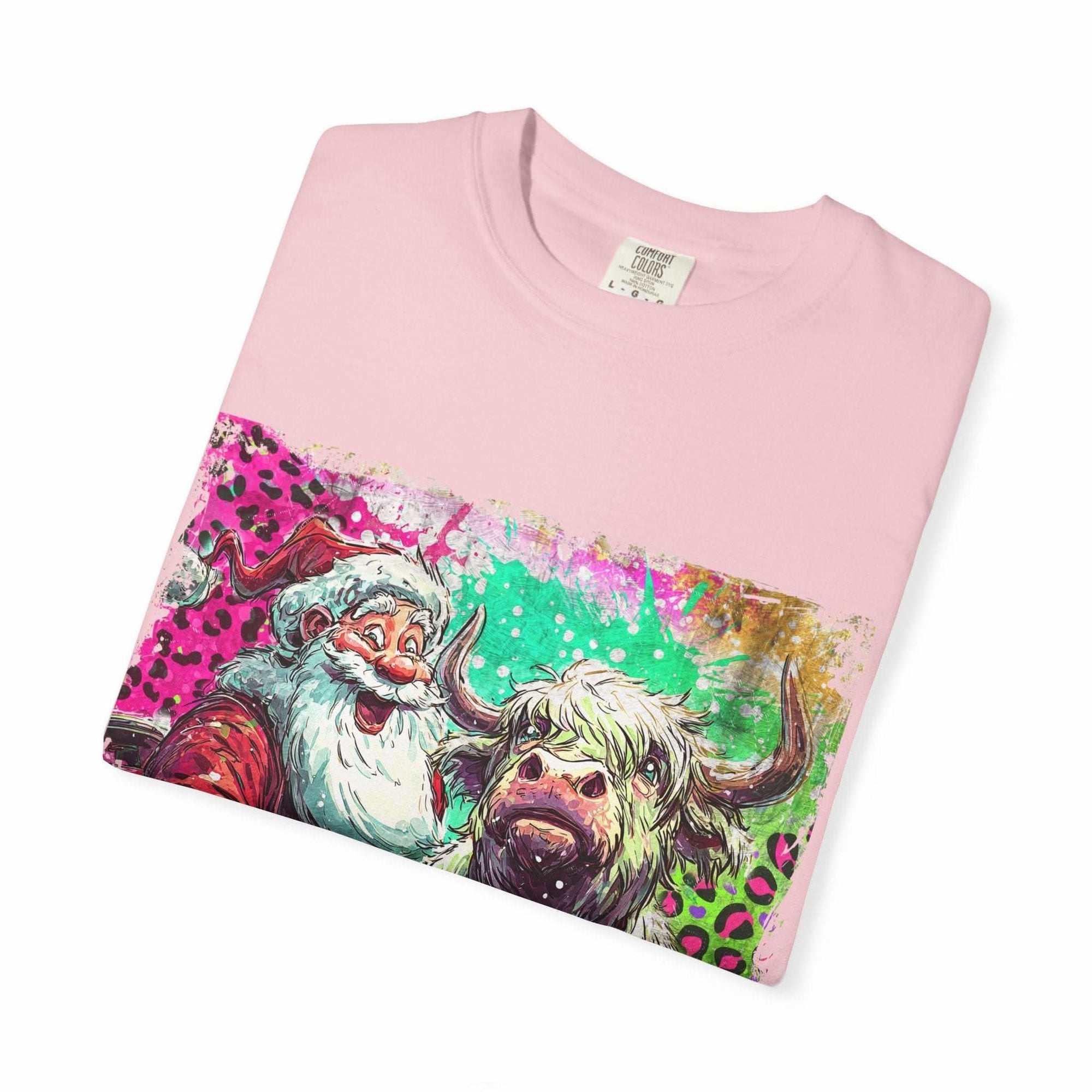 Retro Santa and Highland Cow graphic on a black t-shirt by Printify, perfect for festive holiday wear.