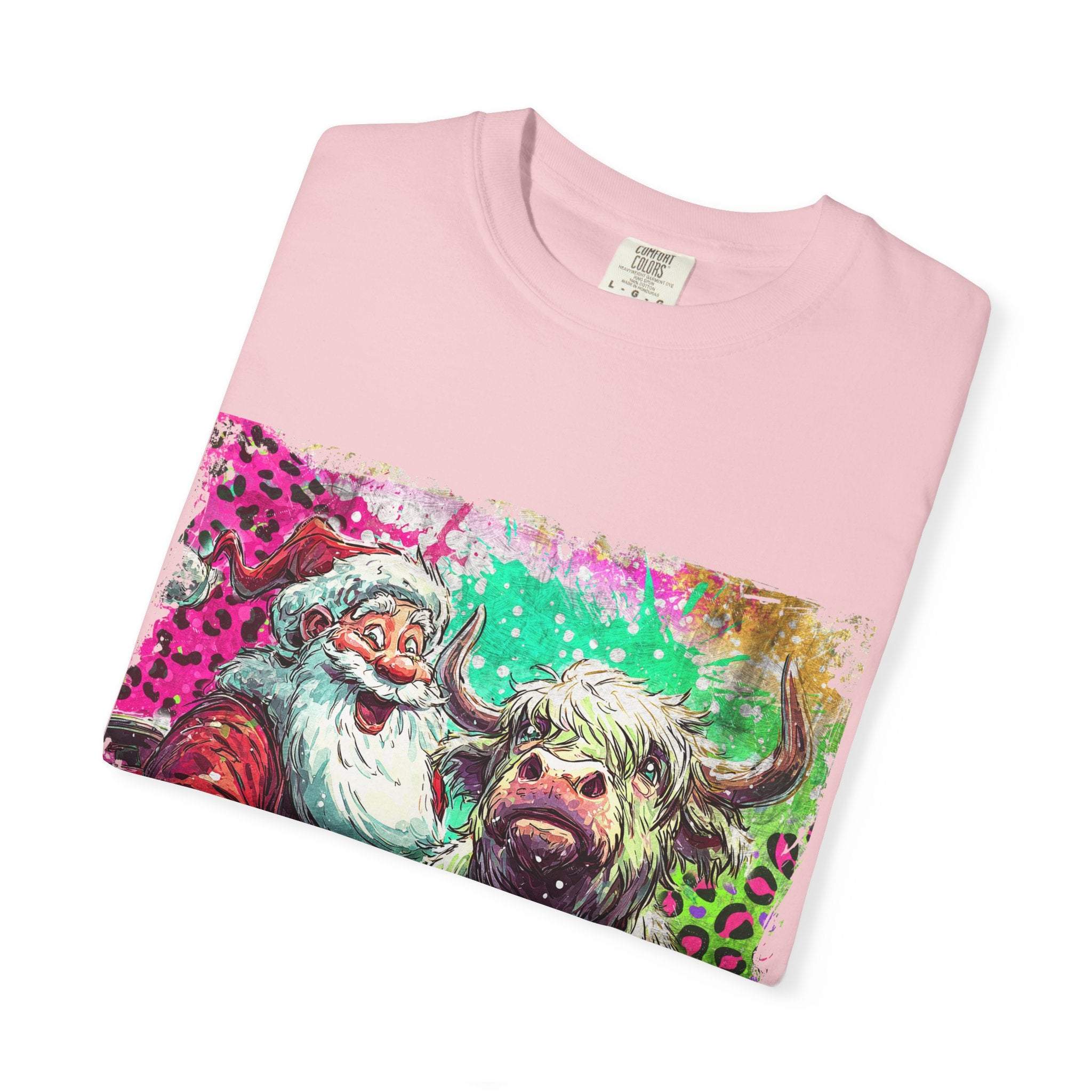 Retro Santa and Highland Cow graphic on a black t-shirt by Printify, perfect for festive holiday wear.