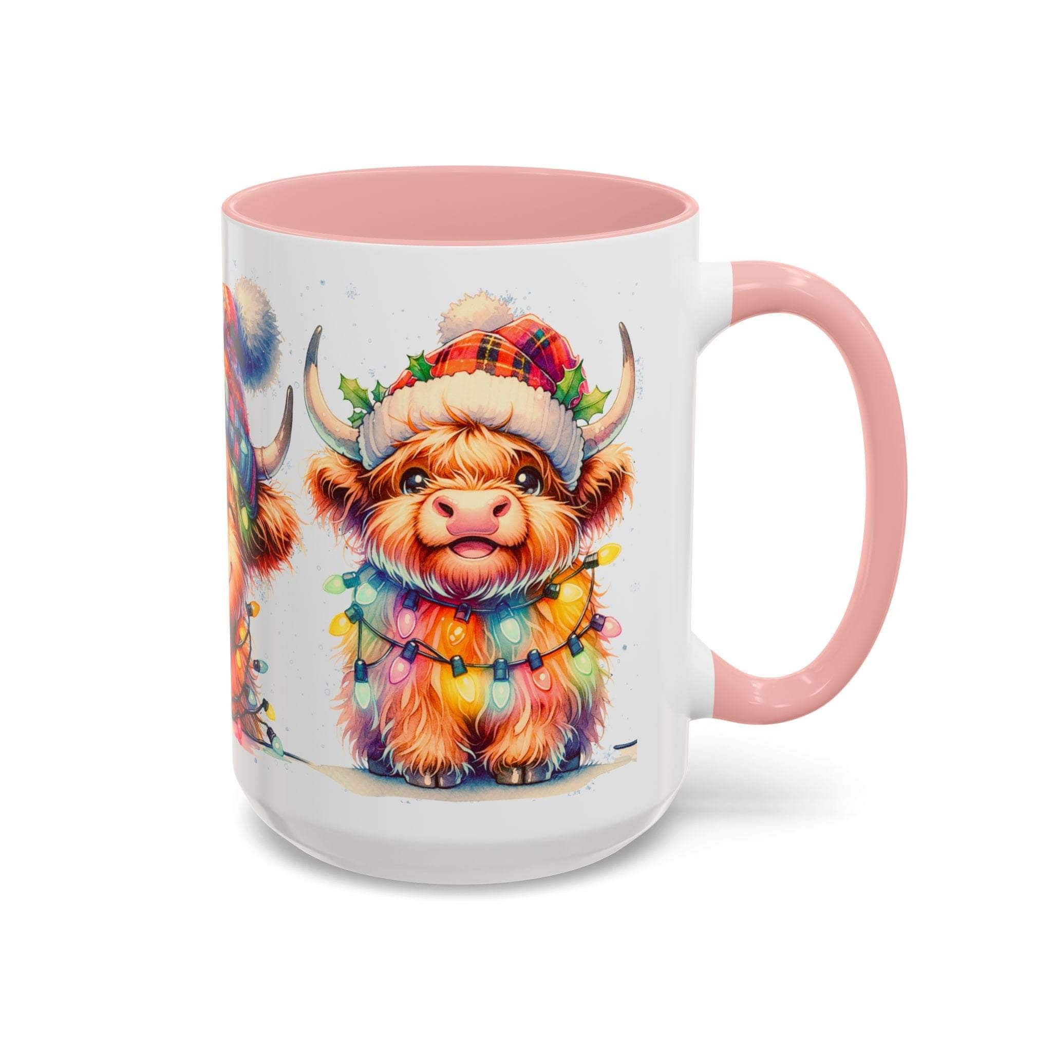 Ceramic Christmas mug with festive Scottish Highland Cow illustration and pink handle