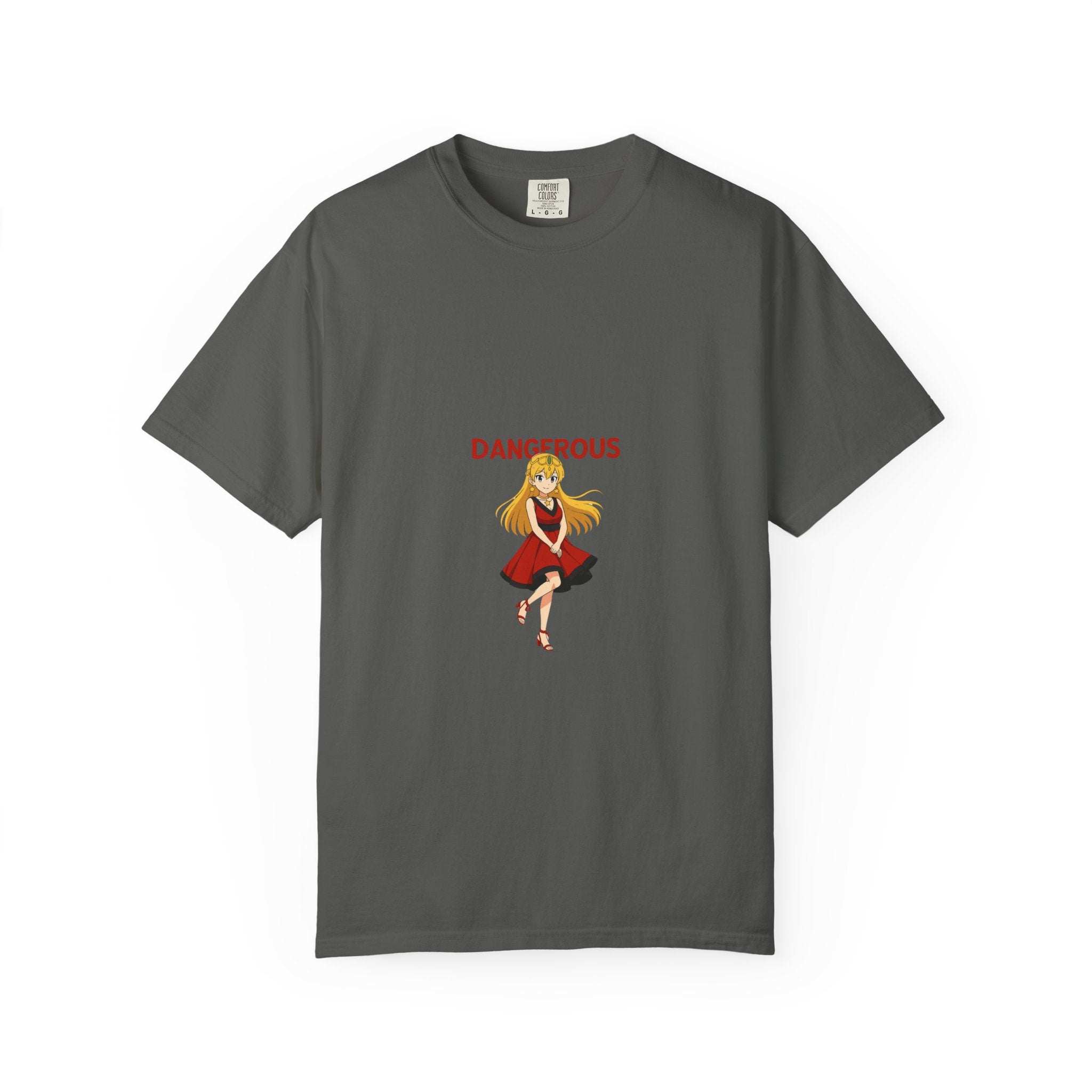 White cotton t-shirt featuring a dangerous red girl graphic, part of Printify's anime fashion collection.
