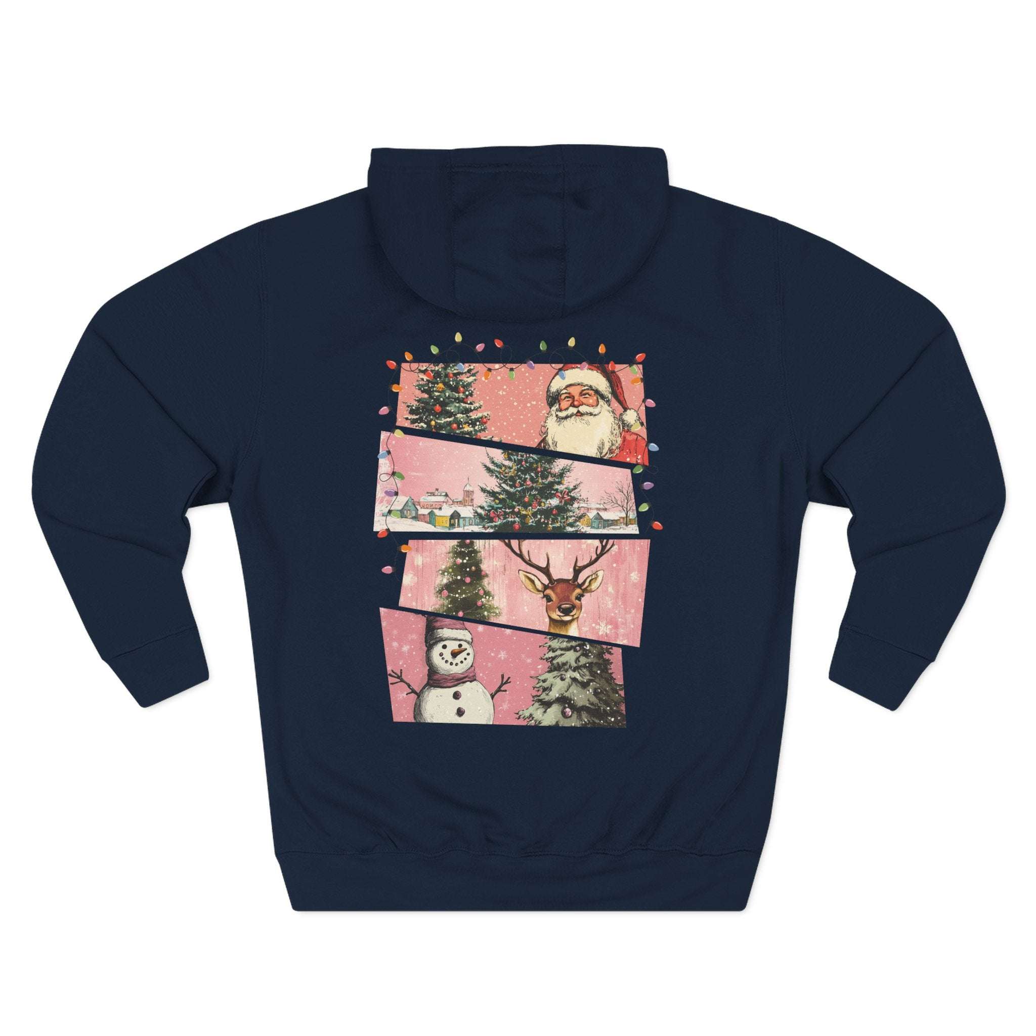 Navy fleece hoodie with Christmas-themed watercolor panels featuring Santa, trees, reindeer, and snowman