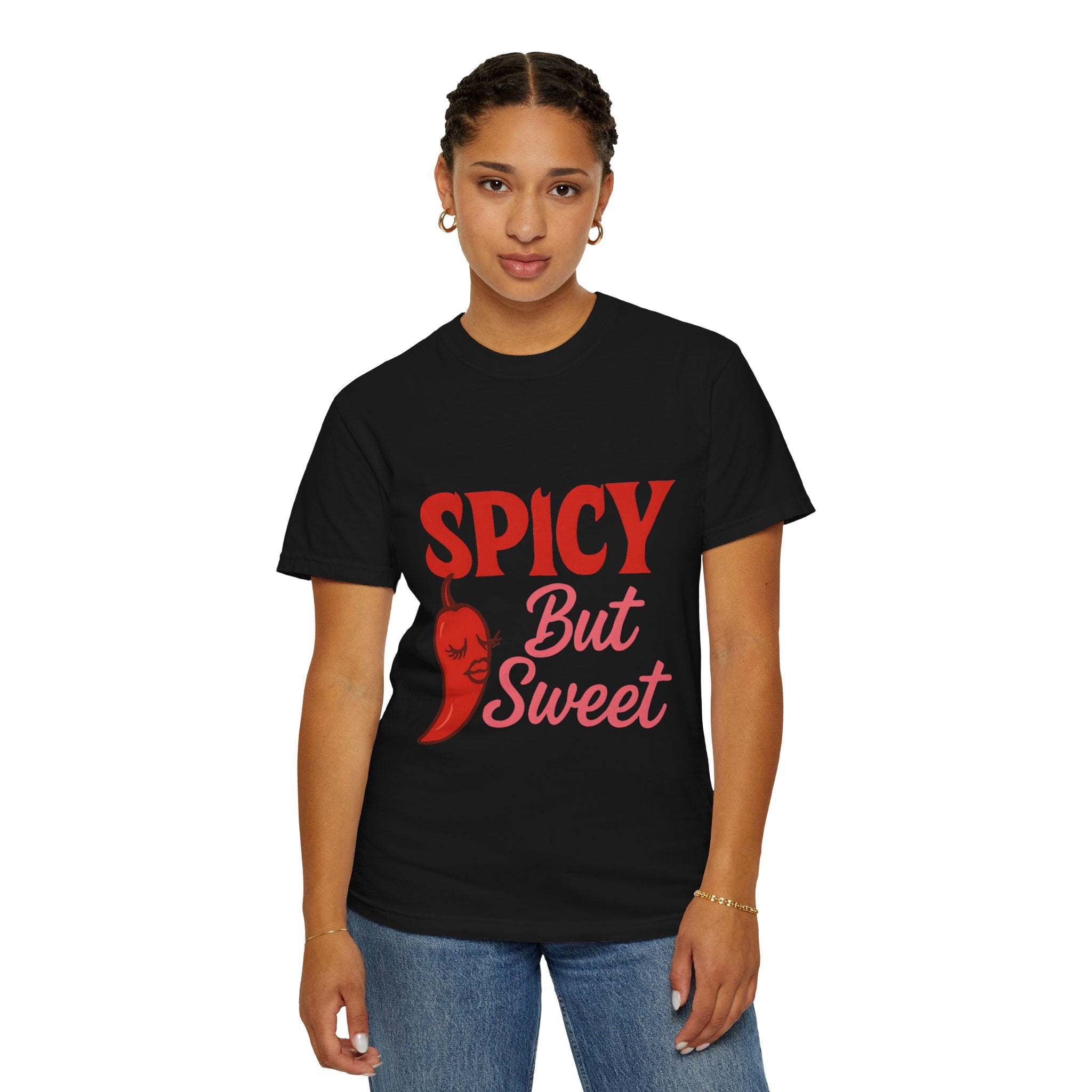 Woman wearing black spicy but sweet T-shirt with red chili graphic and text