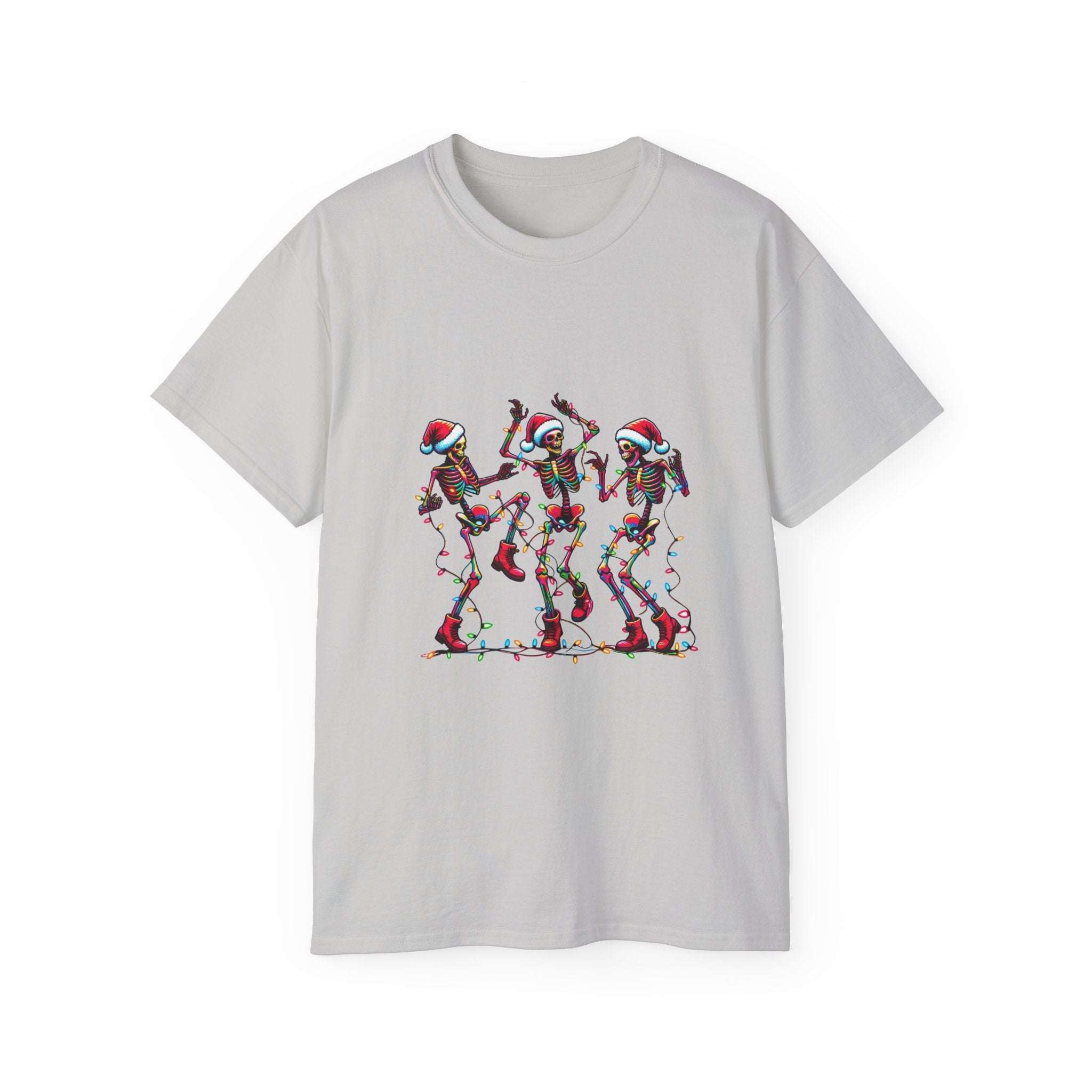 White Christmas Dancing Skeletons T-shirt by Printify in festive design, available in sizes S, M, L