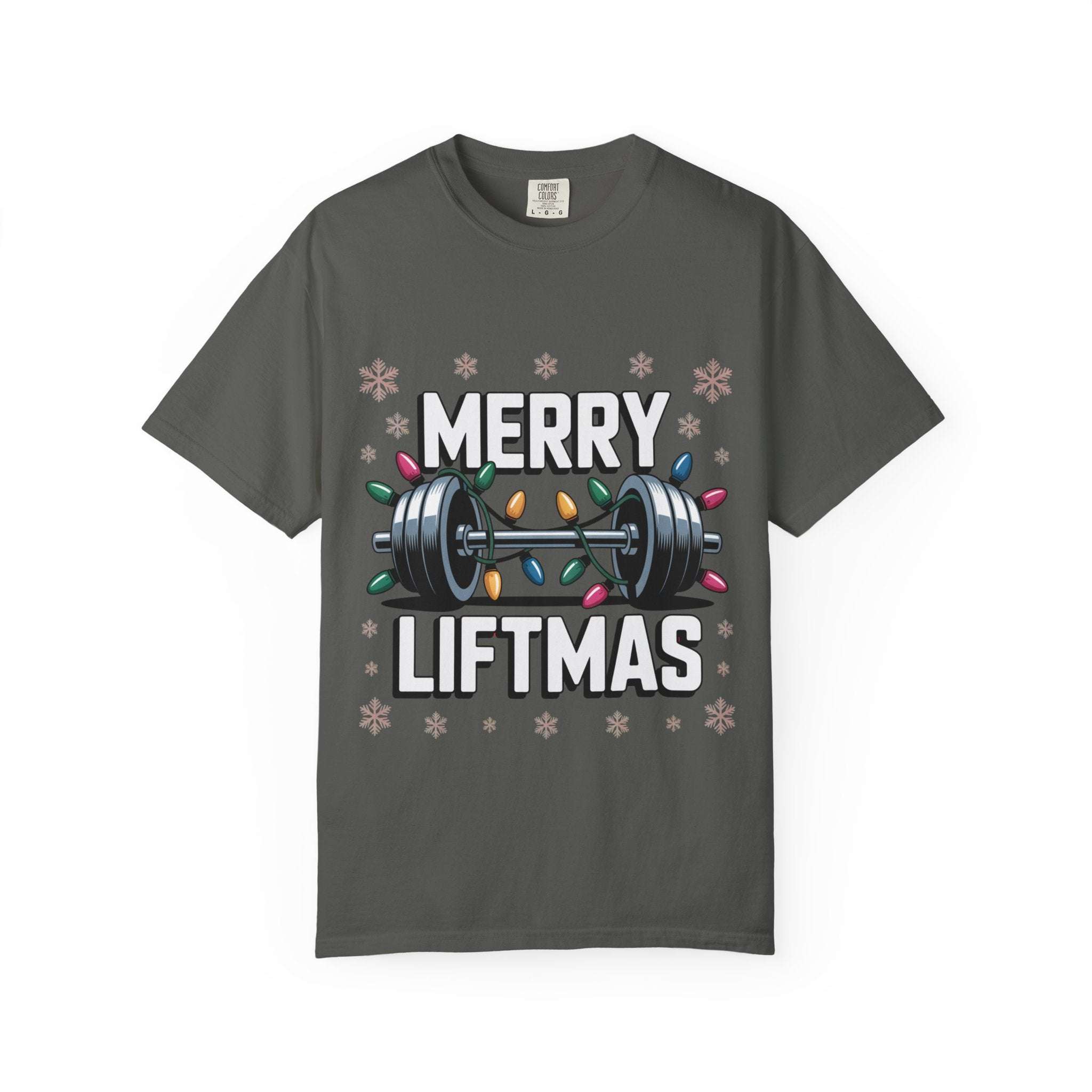 Gray Christmas Workout T-shirt with Merry Liftmas barbell and holiday lights design