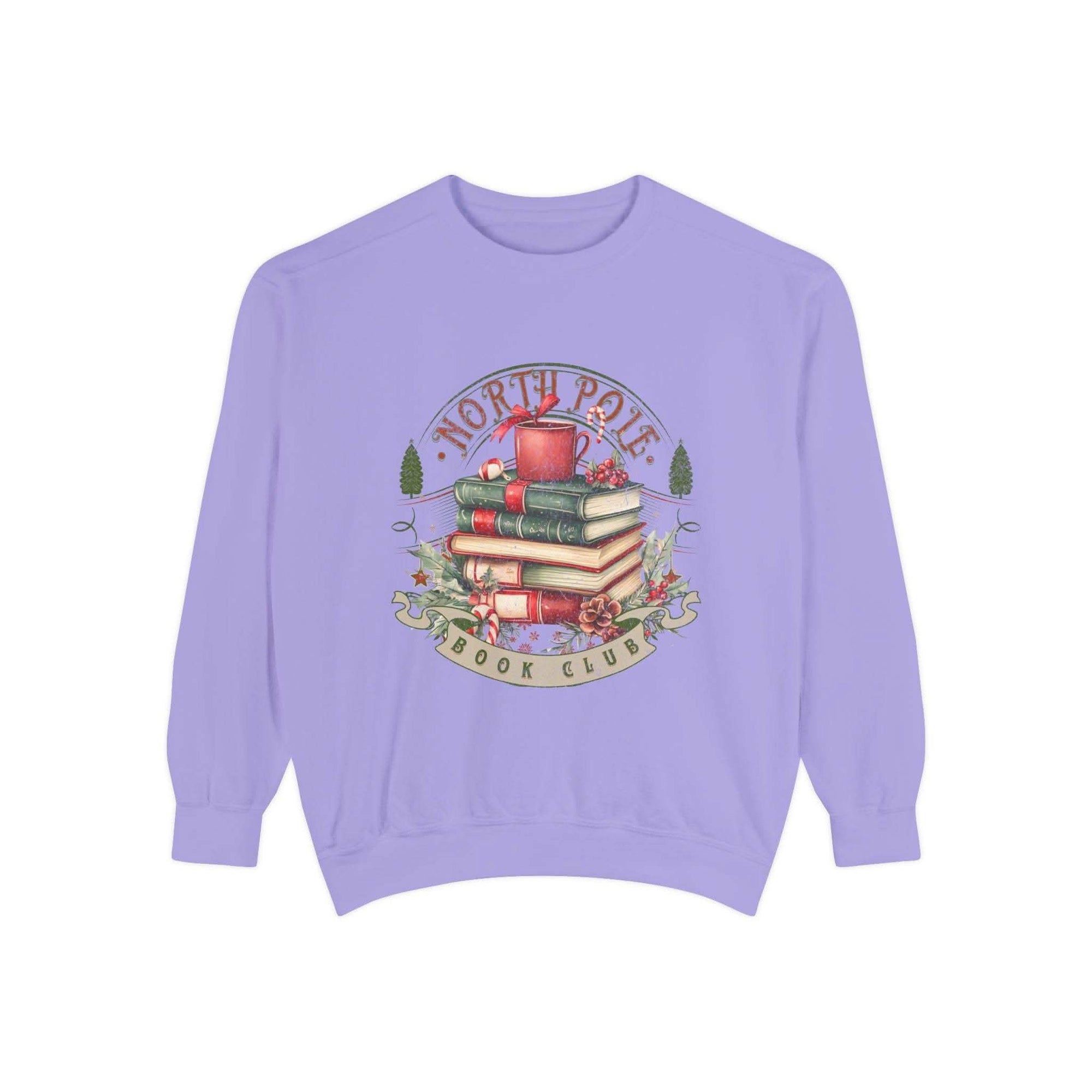 Vintage North Pole Book Club sweatshirt with stack of books and holiday design on lavender background