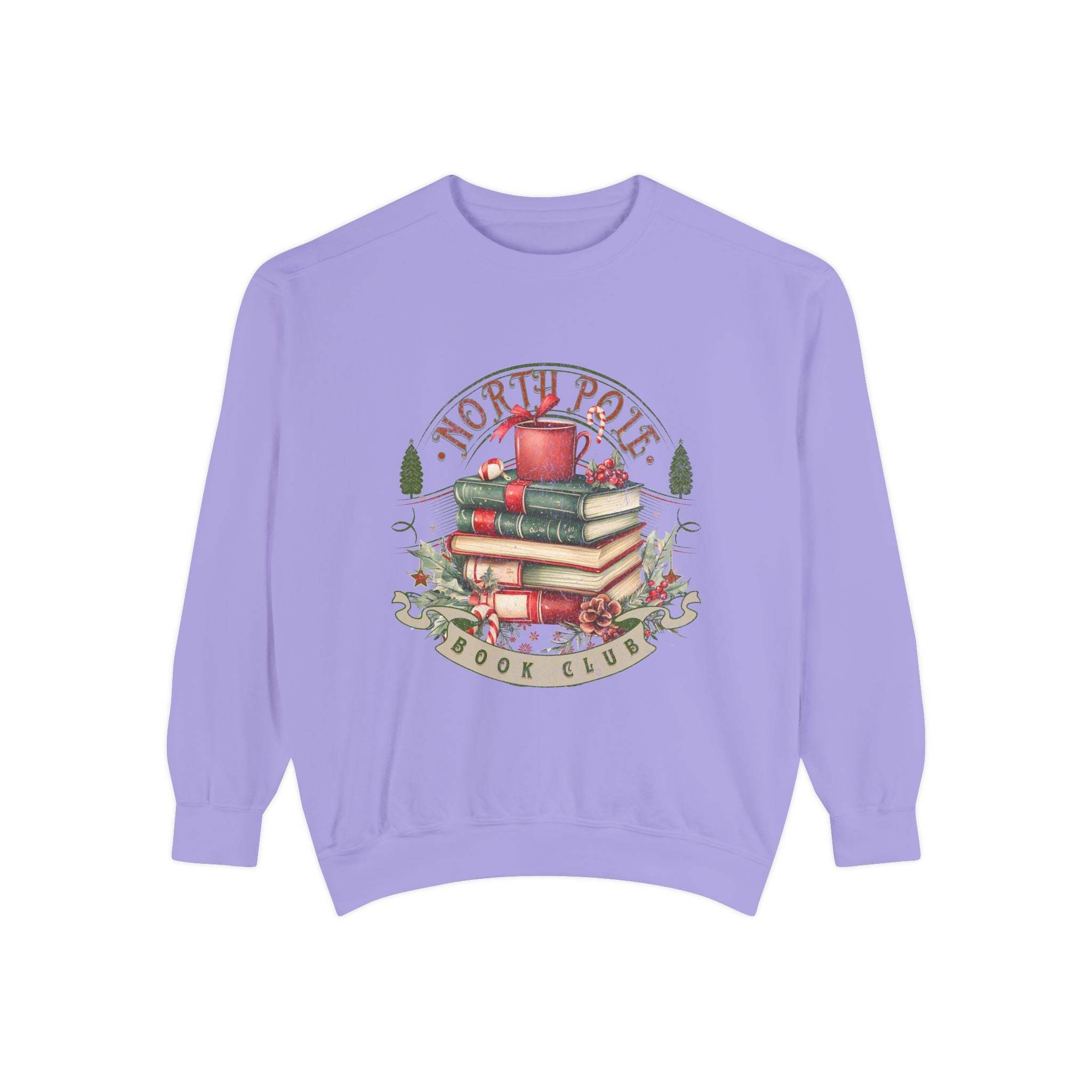 Vintage North Pole Book Club sweatshirt with stack of books and holiday design on lavender background