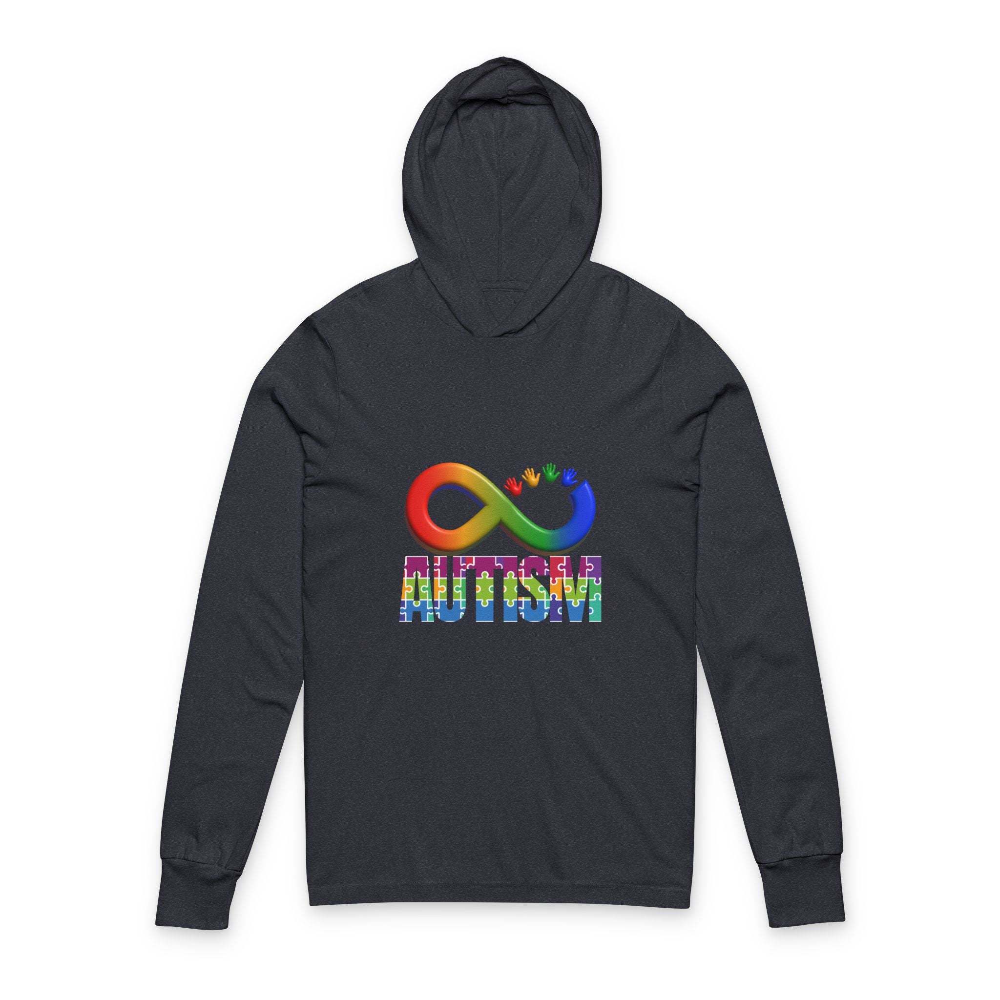 Dark gray Autism Awareness hooded long sleeve tee with colorful autism infinity symbol and puzzle piece design