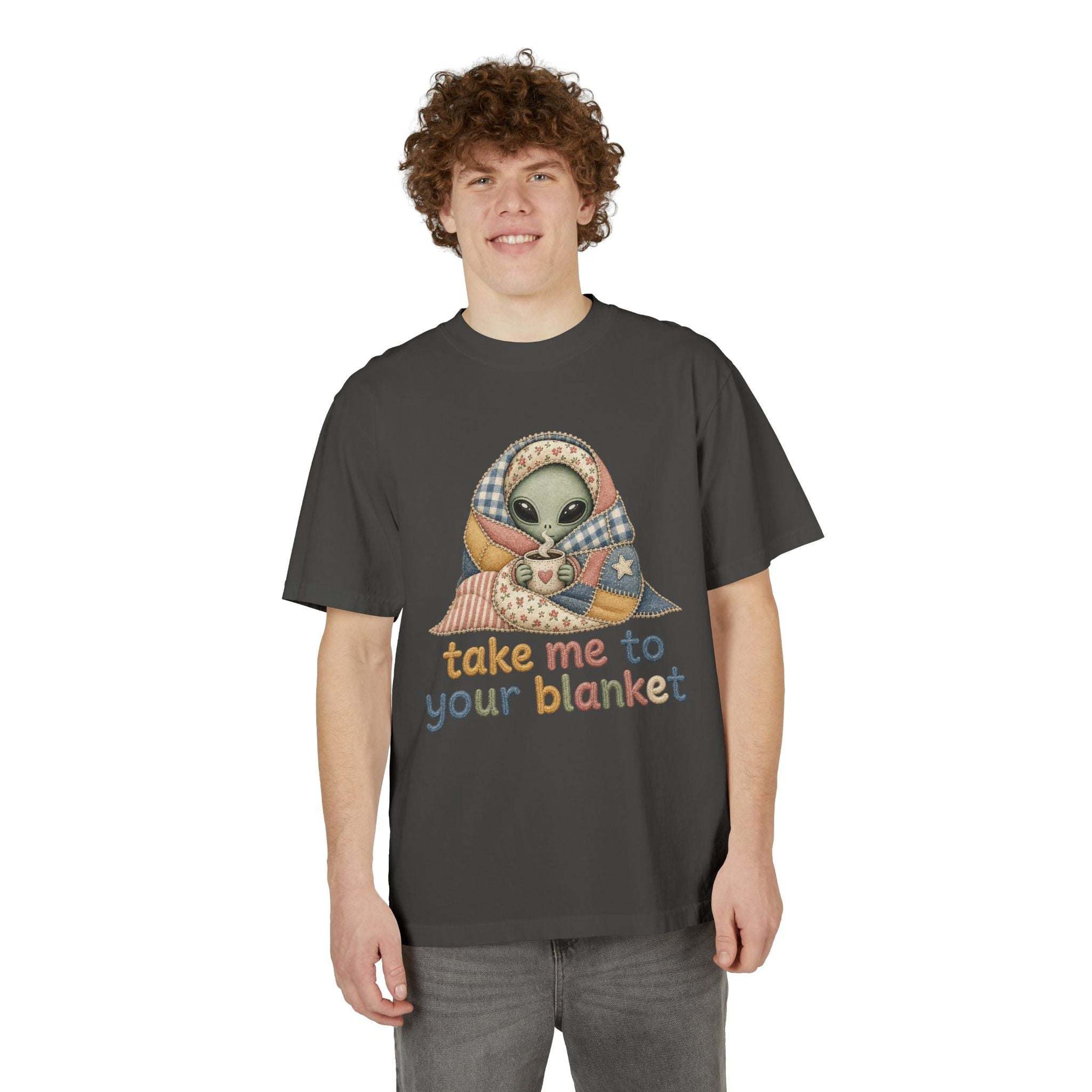 Alien in Blanket T-Shirt — "Take Me to Your Blanket" Cozy Graphic Tee