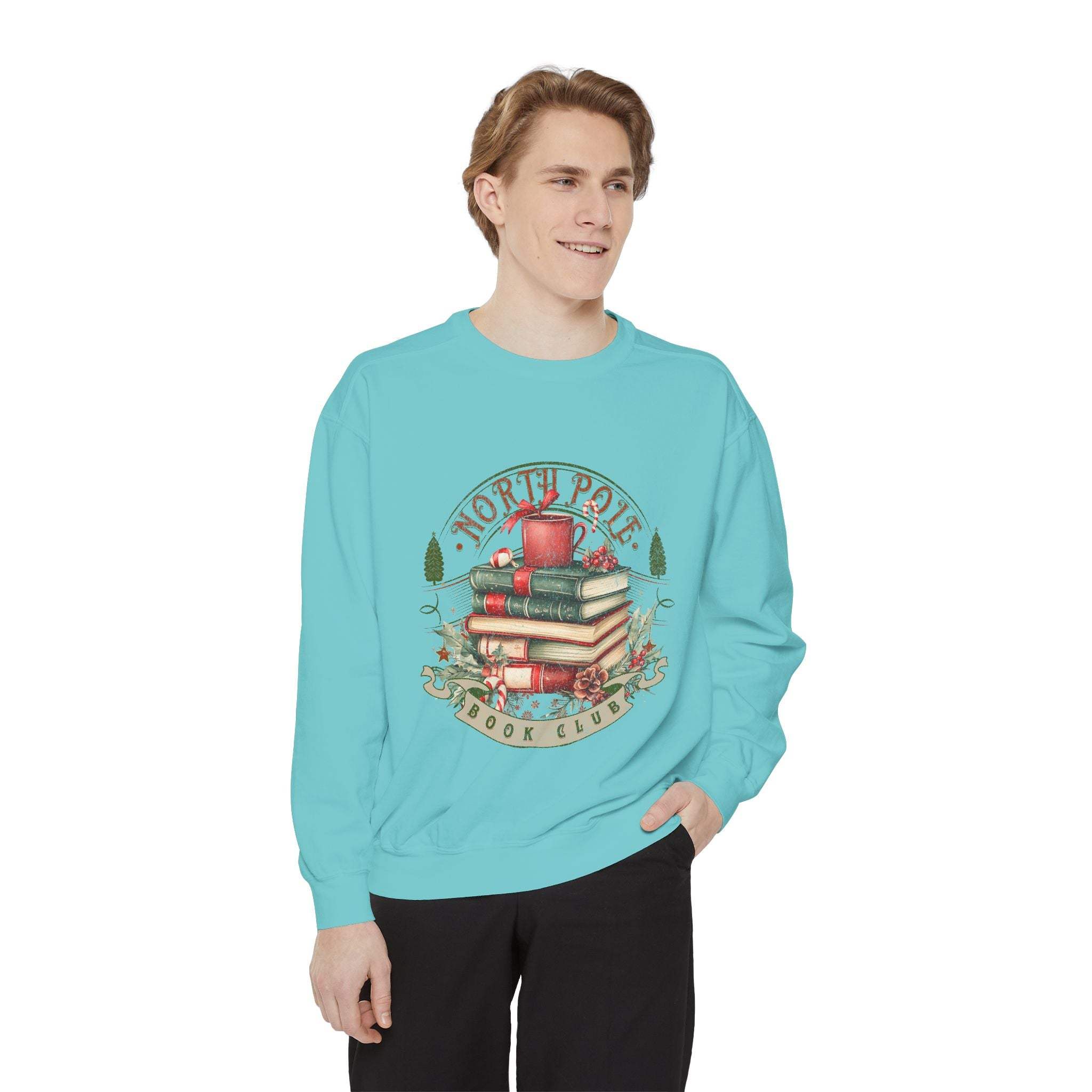 man wearing vintage North Pole Book Club sweatshirt with book and mug design